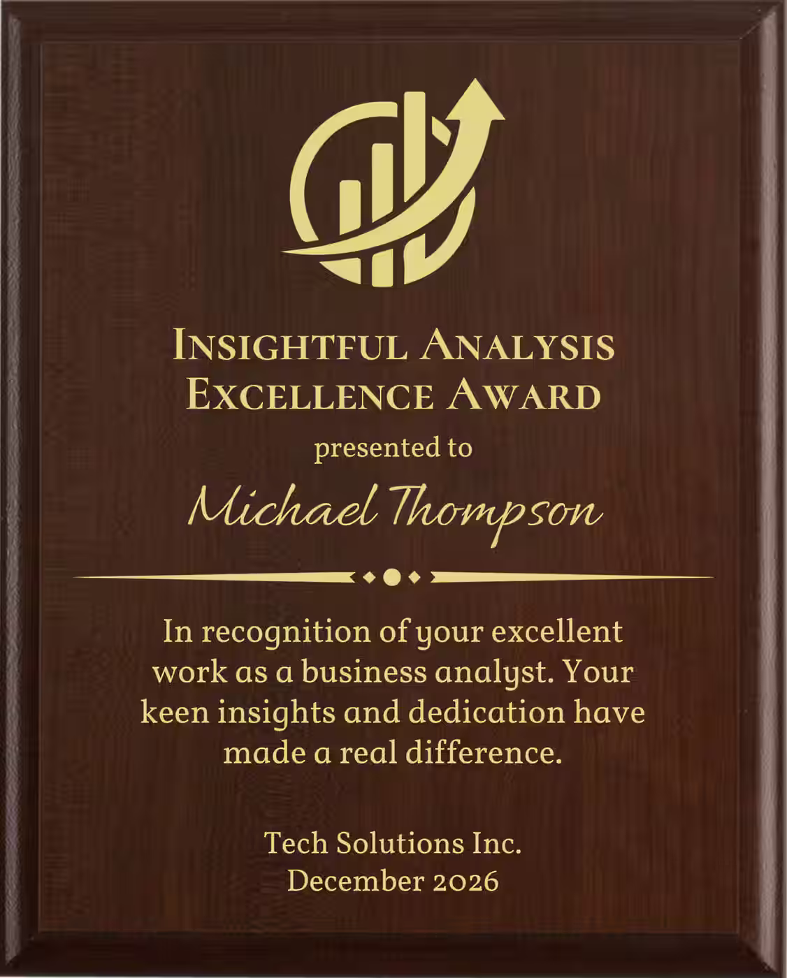 Best Business Analyst Award - Plaque says: In recognition of your excellent work as a business analyst. Your keen insights and dedication have made a real difference.