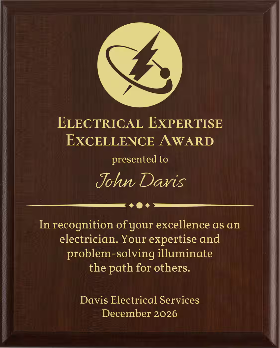 Best Electrician Award - Plaque says: In recognition of your excellence as an electrician. Your expertise and problem-solving illuminate the path for others.