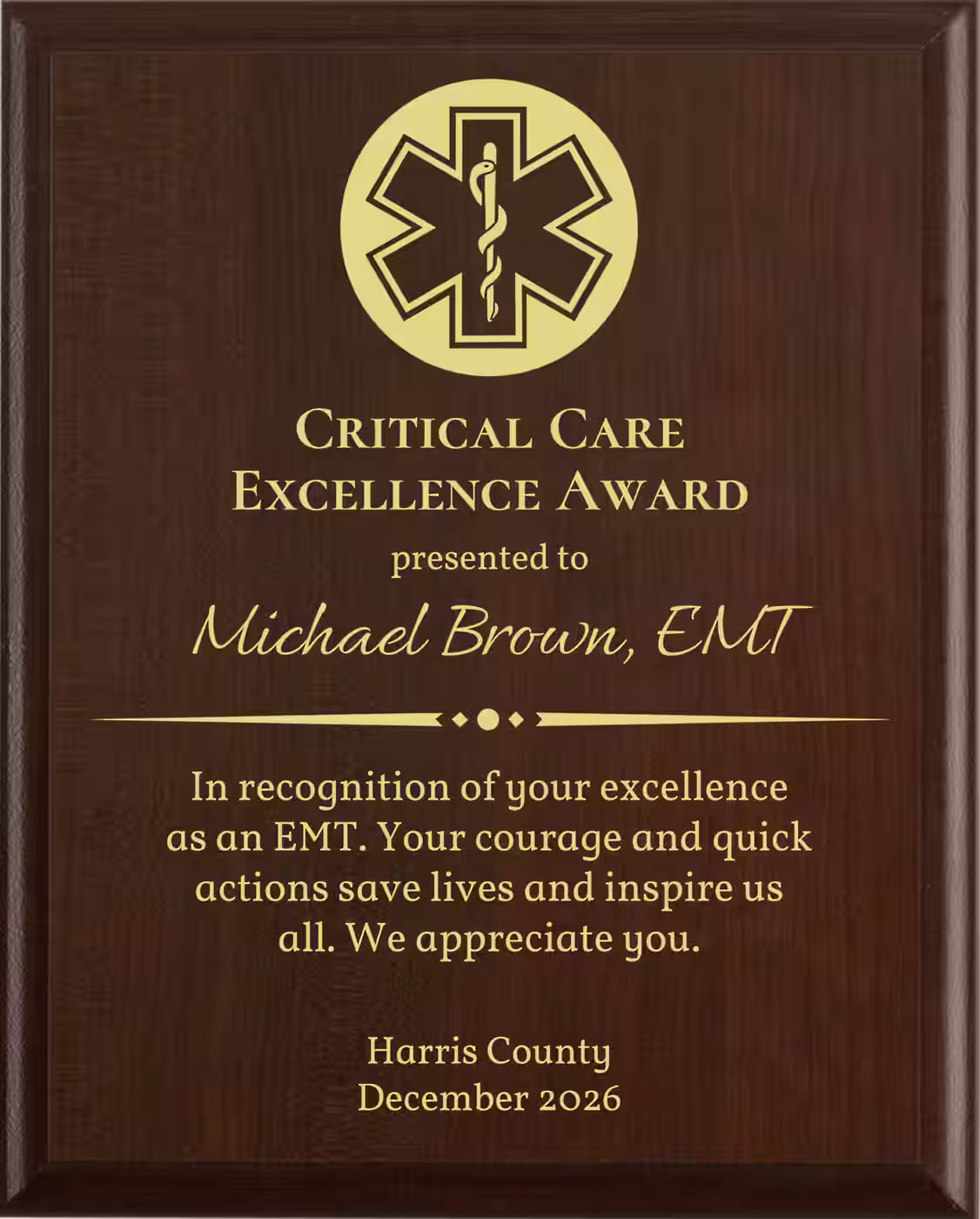 Best Emt Award - Plaque says: In recognition of your excellence as an EMT. Your courage and quick actions save lives and inspire us all.