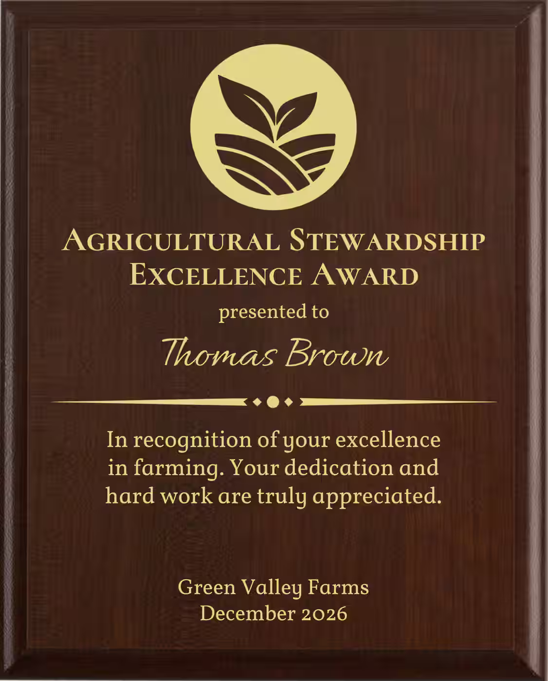 Best Farmer Award - Plaque says: In recognition of your excellence in farming. Your dedication and hard work are truly appreciated.