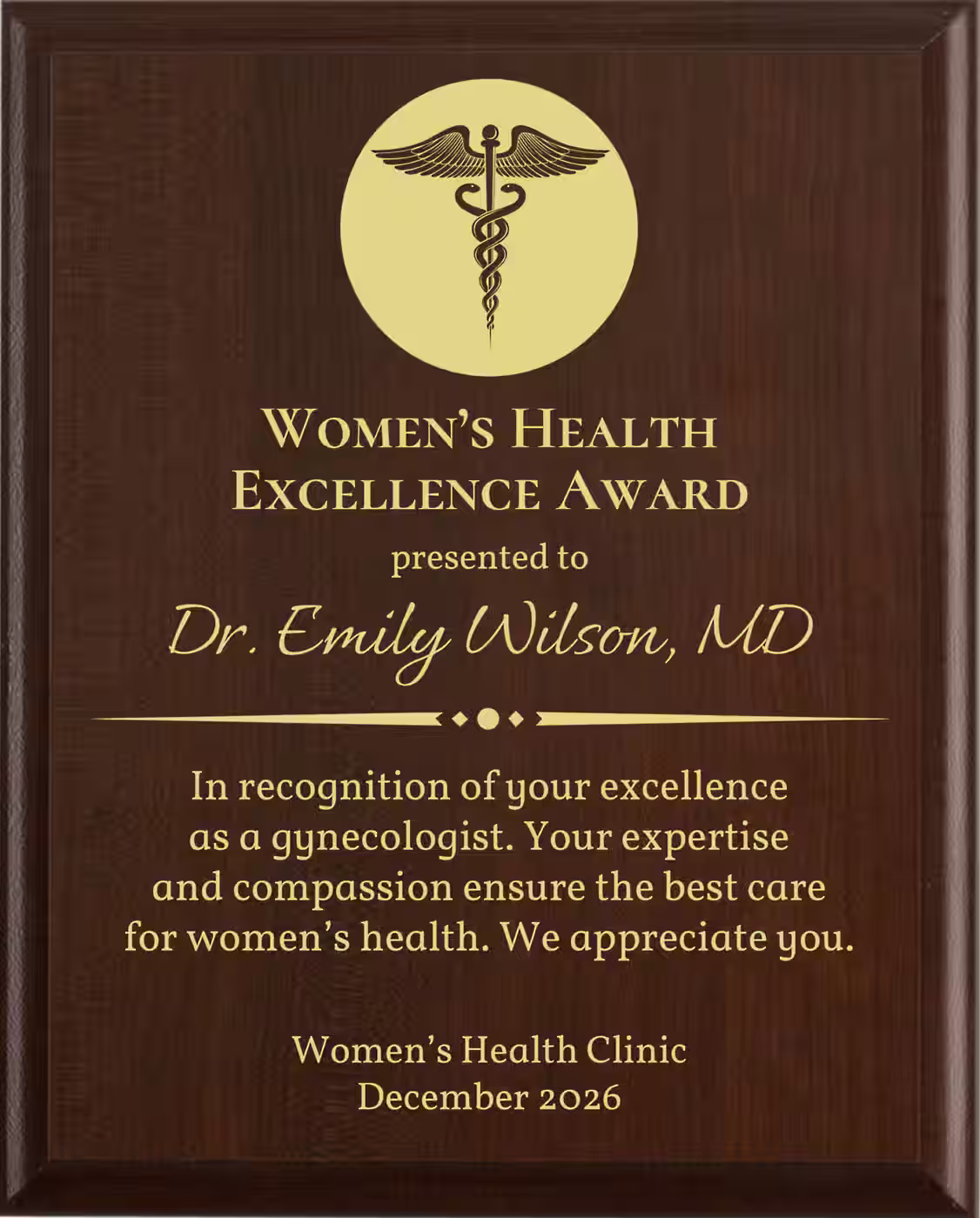 Best Gynecologist Award - Plaque says: In recognition of your excellence as a gynecologist. Your expertise and compassion ensure the best care for women's health.