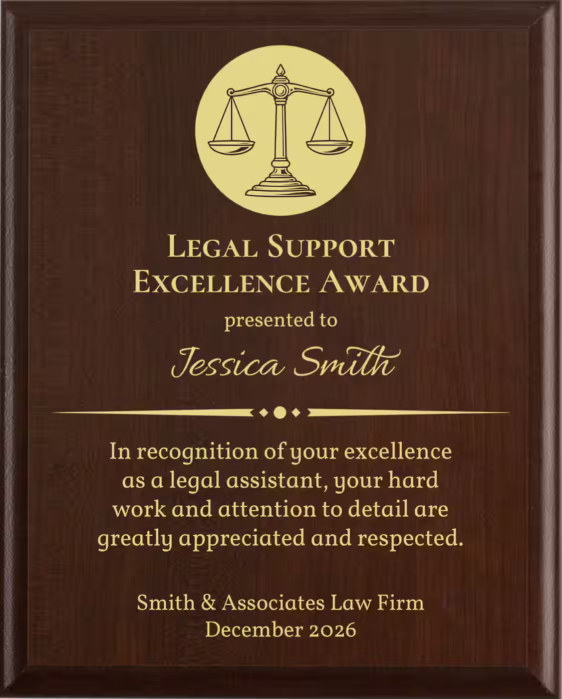 Best Legal Assistant Award - Plaque says: In recognition of your excellence as a legal assistant, your hard work and attention to detail are greatly appreciated and respected.