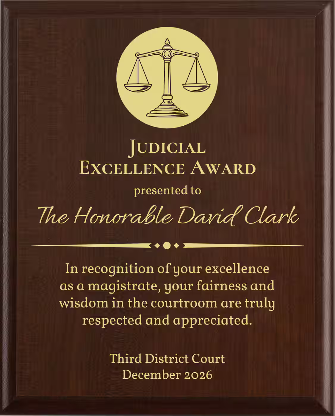 Best Magistrate Award - Plaque says: In recognition of your excellence as a magistrate, your fairness and wisdom in the courtroom are truly respected and appreciated.
