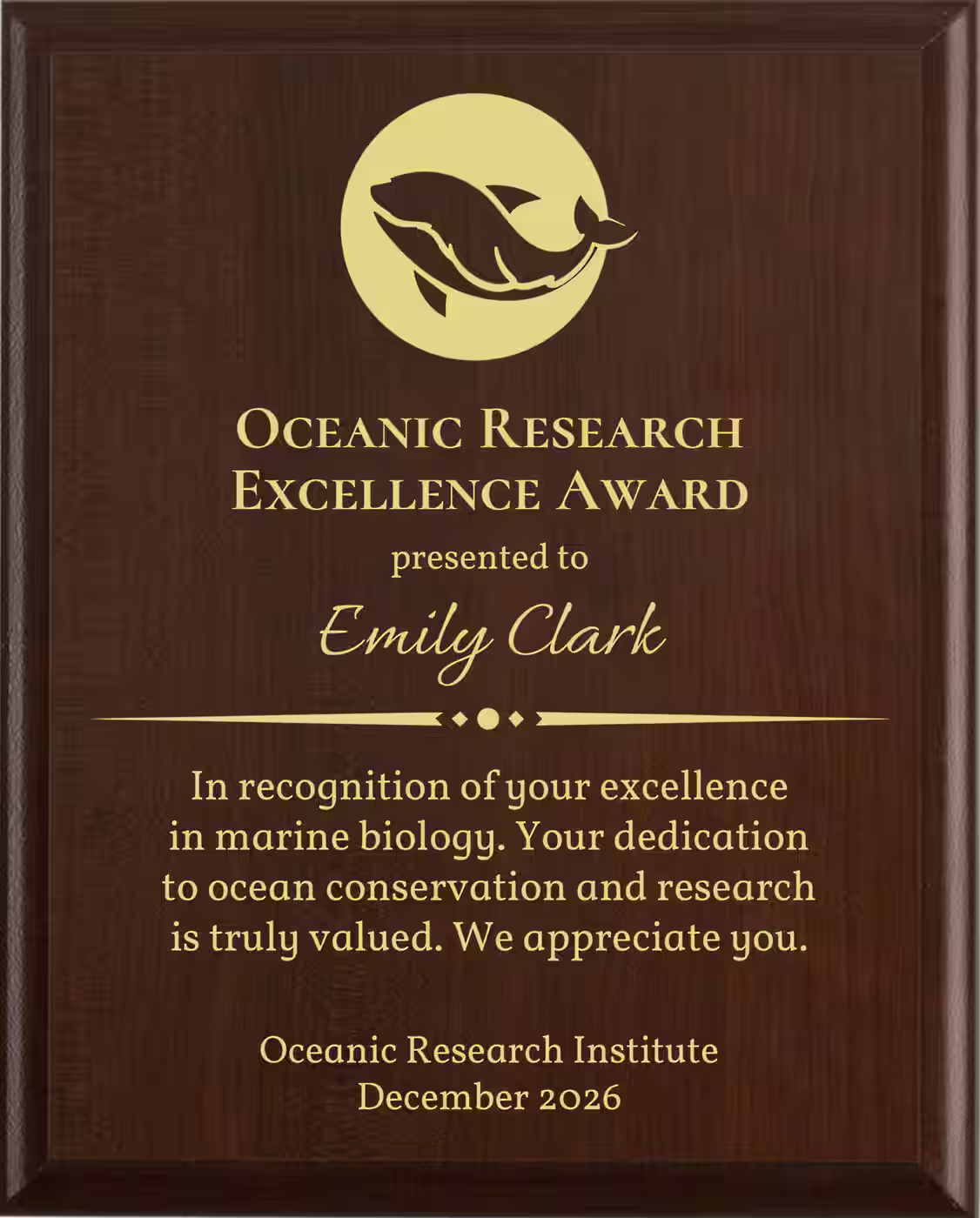 Best Marine Biologist Award - Plaque says: In recognition of your excellence in marine biology. Your dedication to ocean conservation and research is truly valued.