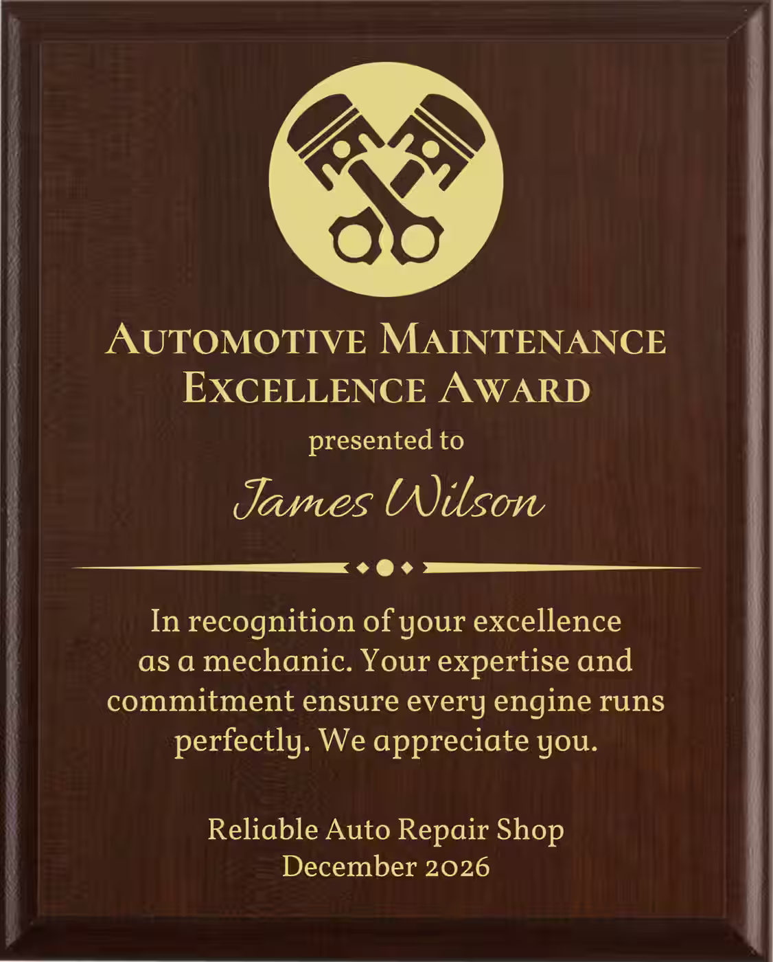 Best Mechanic Award - Plaque says: In recognition of your excellence as a mechanic. Your expertise and commitment ensure every engine runs perfectly.