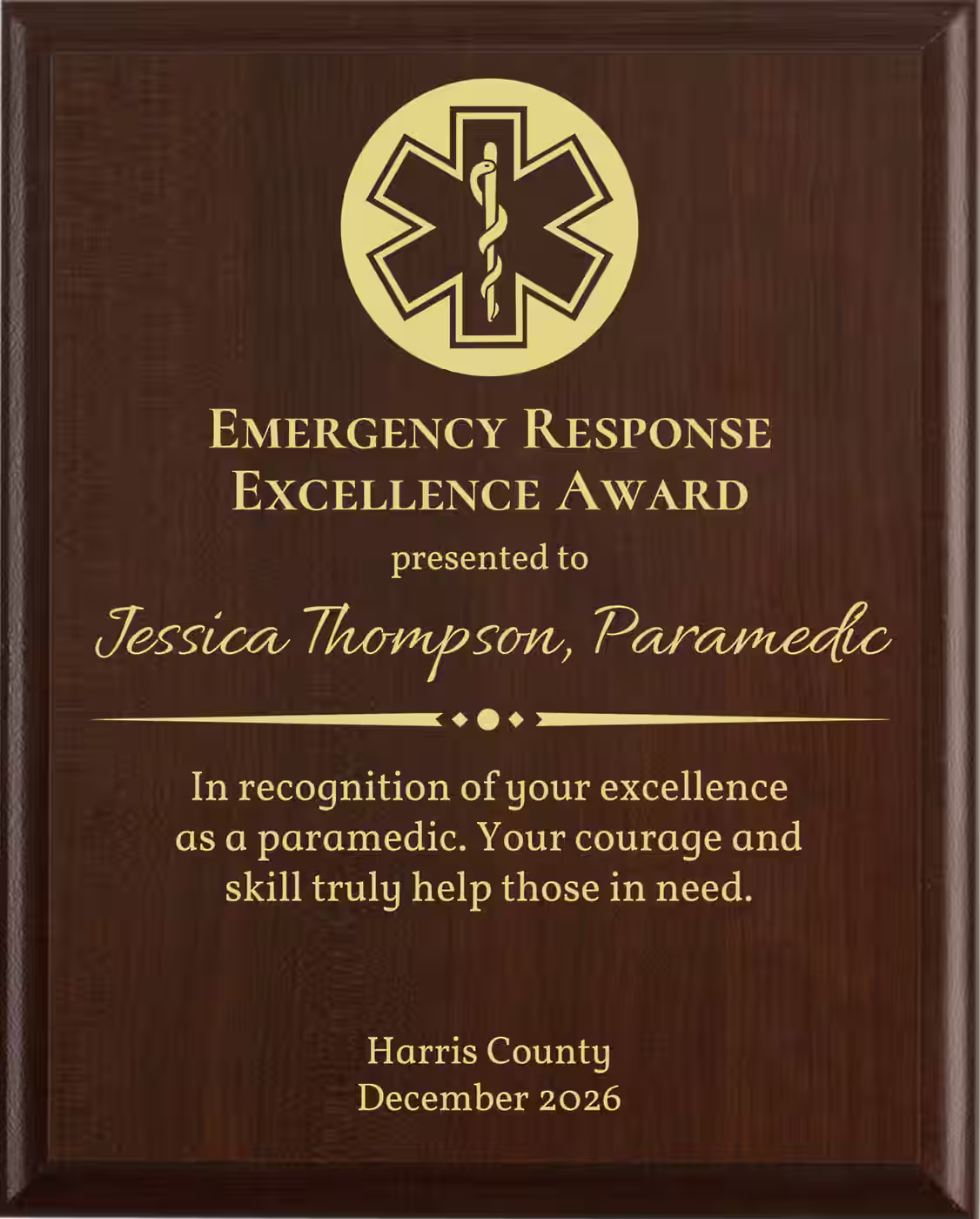 Best Paramedic Award - Plaque says: In recognition of your excellence as a paramedic. Your courage and skill truly help those in need.