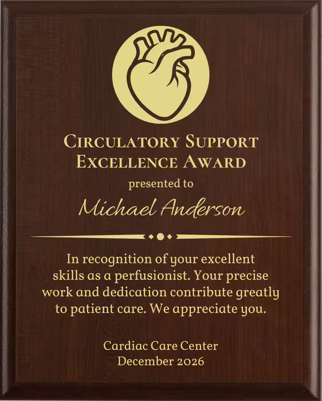 Best Perfusionist Award - Plaque says: In recognition of your excellent skills as a perfusionist. Your precise work and dedication contribute greatly to patient care.
