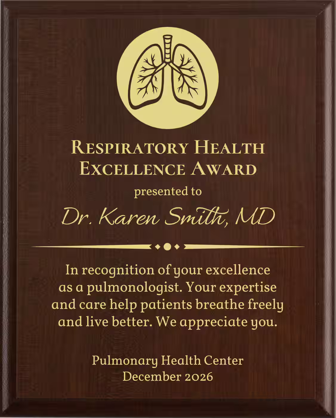 Best Pulmonologist Award - Plaque says: In recognition of your excellence as a pulmonologist. Your expertise and care help patients breathe freely and live better.