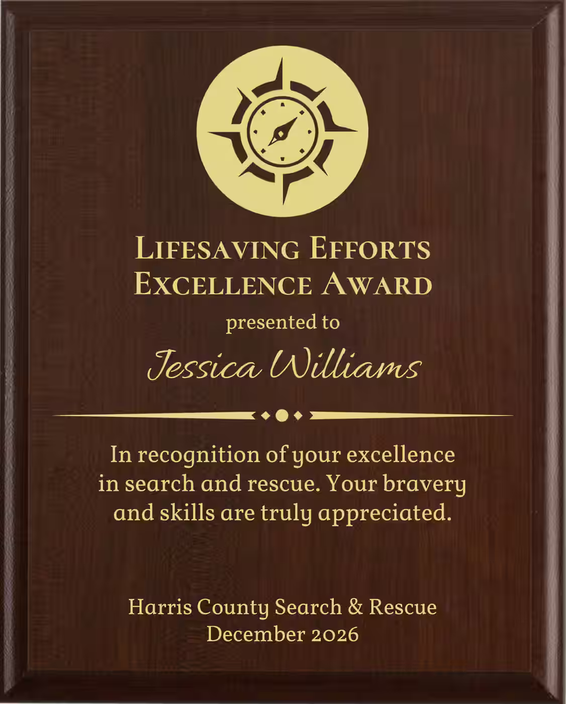 Best Search And Rescue Award - Plaque says: In recognition of your excellence in search and rescue. Your bravery and skills are truly appreciated.