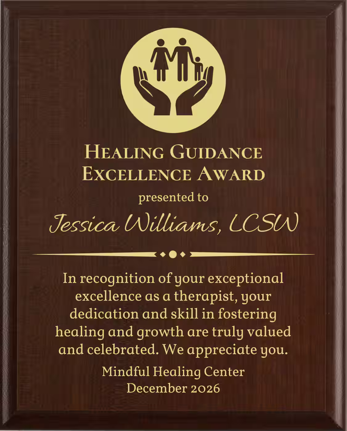Best Therapist Award - Plaque says: In recognition of your exceptional excellence as a therapist, your dedication and skill in fostering healing and growth are truly valued and celebrated.