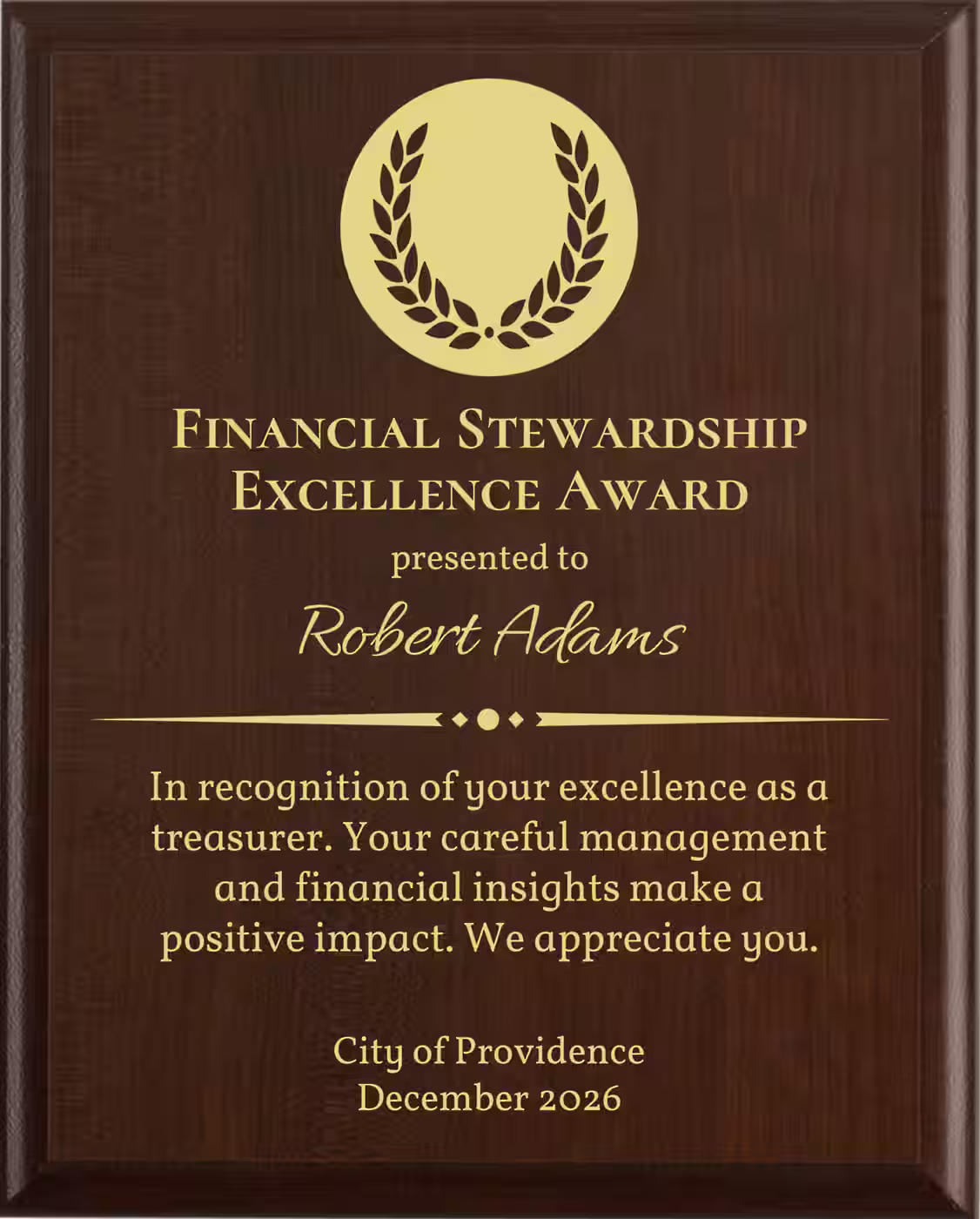 Best Treasurer Award - Plaque says: In recognition of your excellence as a treasurer. Your careful management and financial insights make a positive impact.