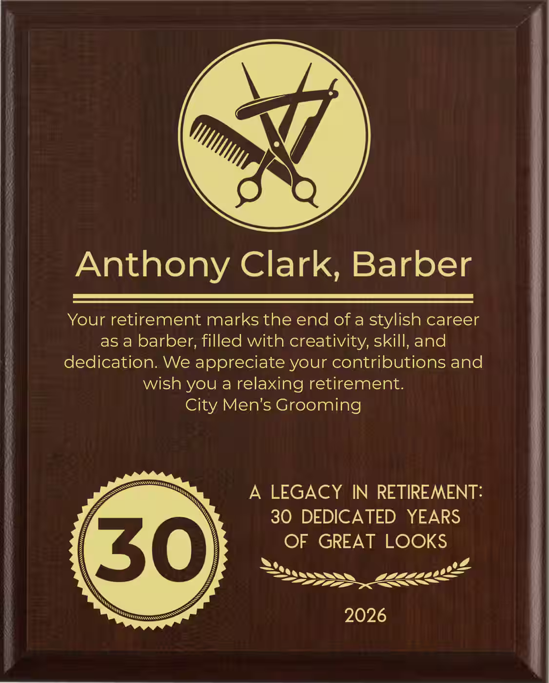 Barber Retirement Award - Plaque says: Your retirement marks the end of a stylish career as a barber, filled with creativity, skill, and dedication. We appreciate your contributions and wish you a relaxing retirement.