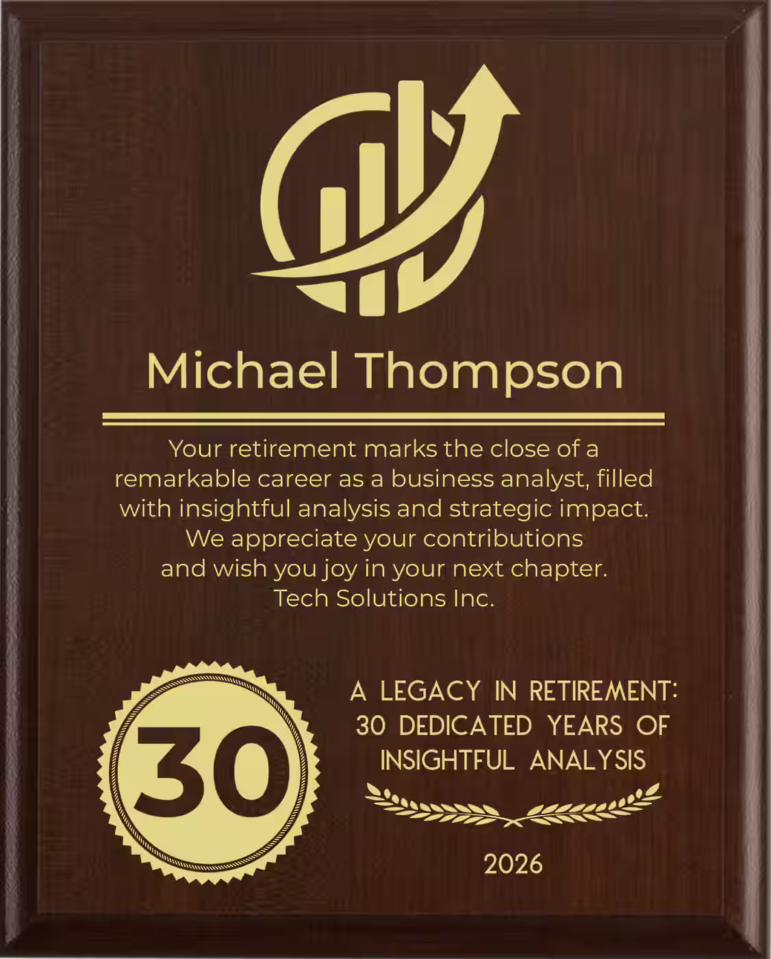 Business Analyst Retirement Award - Plaque says: Your retirement marks the close of a remarkable career as a business analyst, filled with insightful analysis and strategic impact. We appreciate your contributions and wish you joy in your next chapter.