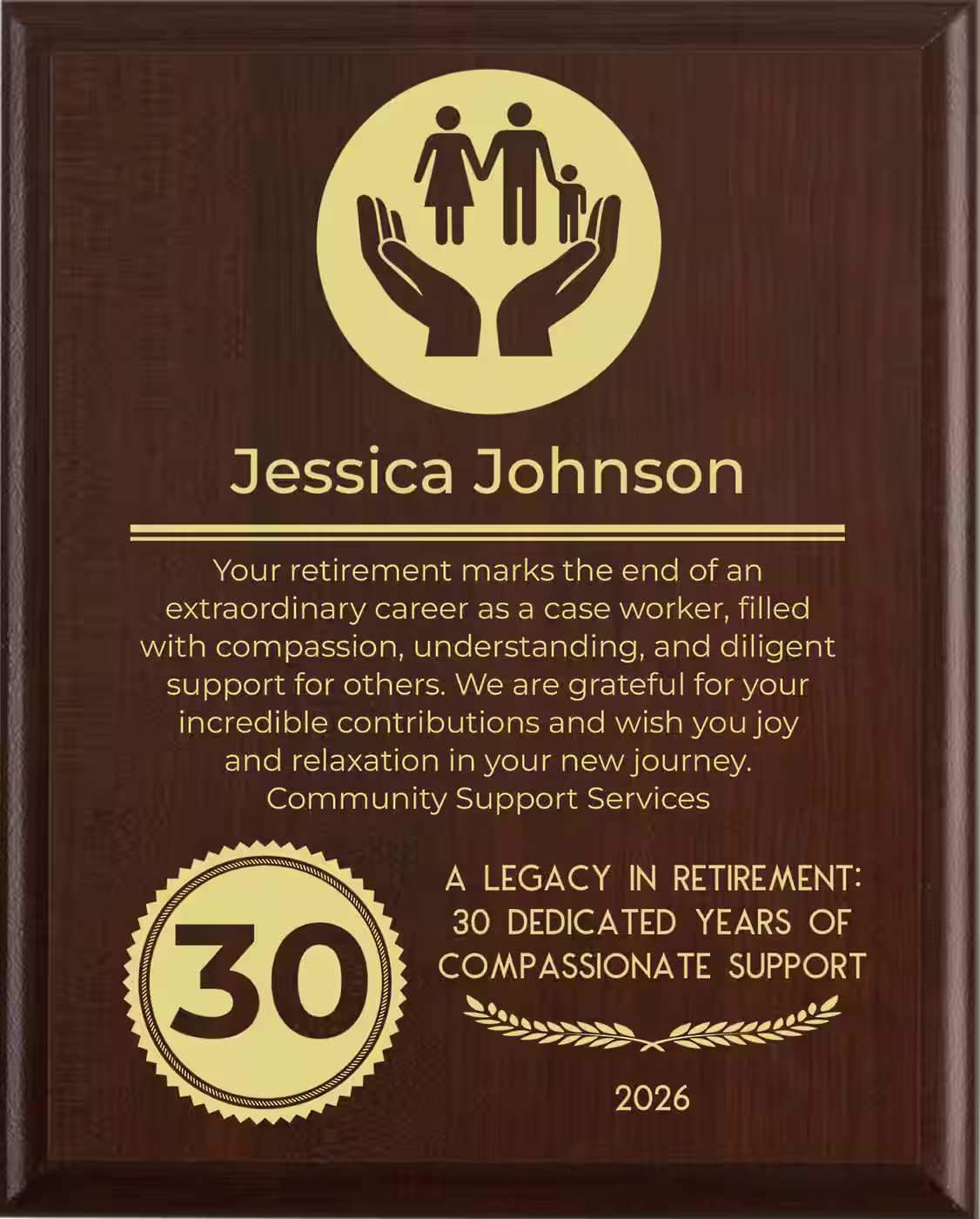 Case Worker Retirement Award - Plaque says: Your retirement marks the end of an extraordinary career as a case worker, filled with compassion, understanding, and diligent support for others. We are grateful for your incredible contributions and wish you joy and relaxation in your new journey.