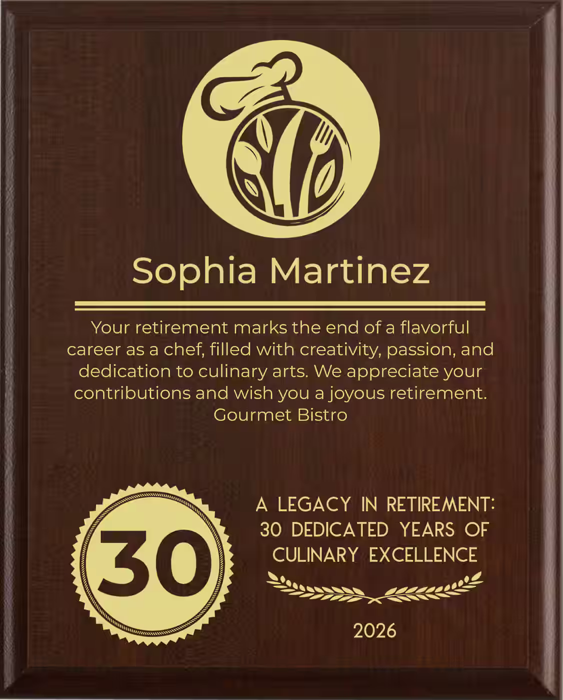 Chefs Retirement Award - Plaque says: Your retirement marks the end of a flavorful career as a chef, filled with creativity, passion, and dedication to culinary arts. We appreciate your contributions and wish you a joyous retirement.