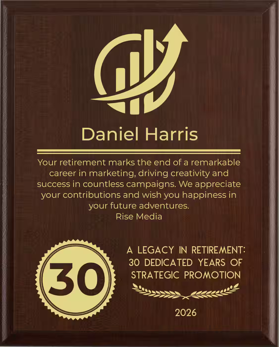 Marketing Retirement Award - Plaque says: Your retirement marks the end of a remarkable career in marketing, driving creativity and success in countless campaigns. We appreciate your contributions and wish you happiness in your future adventures.
