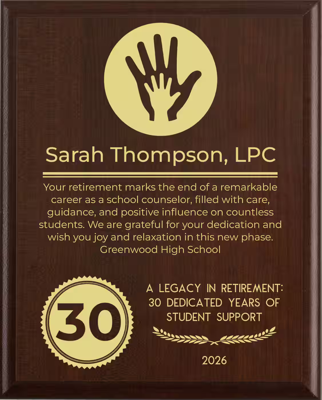 School Counselor Retirement Award - Plaque says: Your retirement marks the end of a remarkable career as a school counselor, filled with care, guidance, and positive influence on countless students. We are grateful for your dedication and wish you joy and relaxation in this new phase.