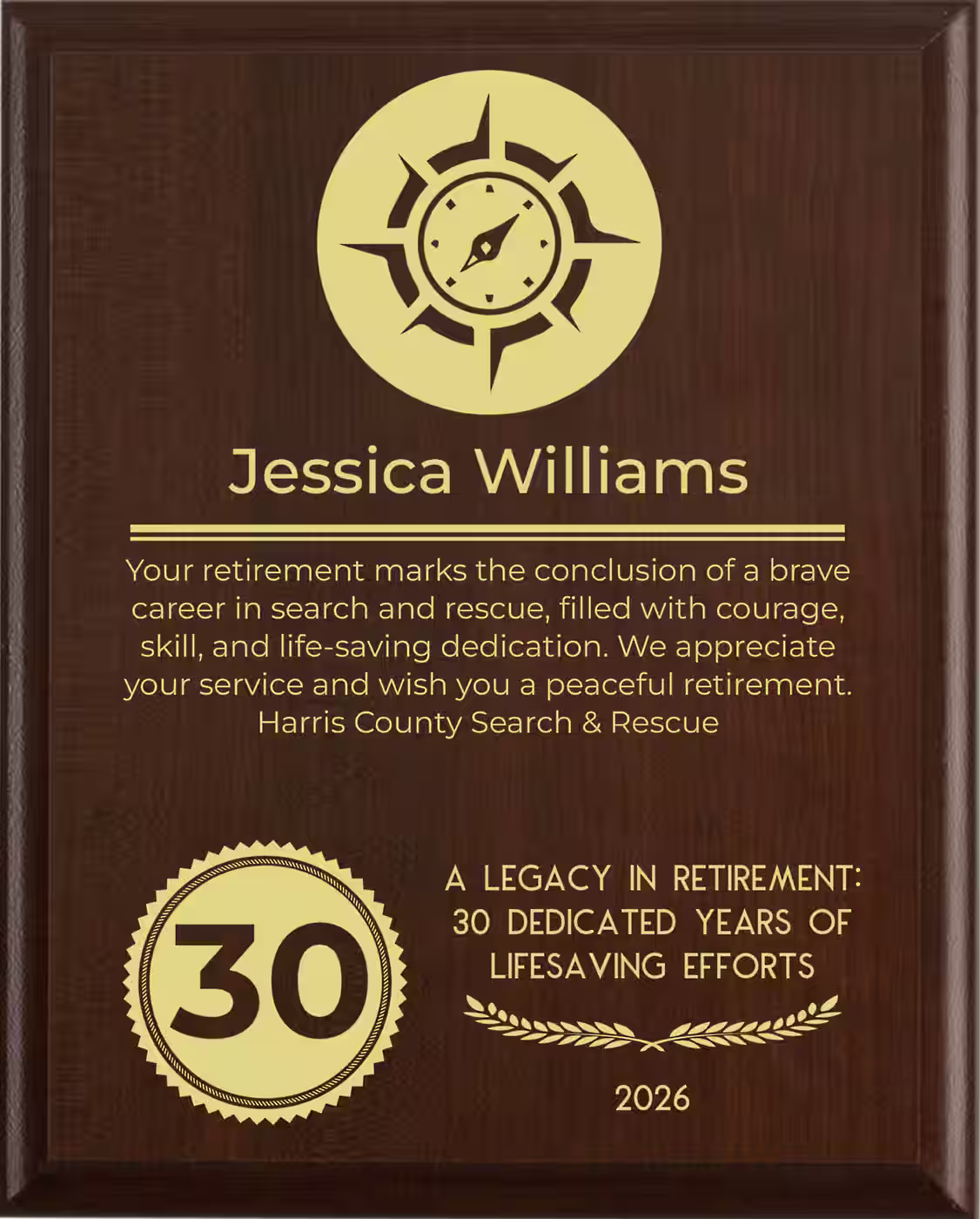 Search And Rescue Retirement Award - Plaque says: Your retirement marks the conclusion of a brave career in search and rescue, filled with courage, skill, and life-saving dedication. We appreciate your service and wish you a peaceful retirement.