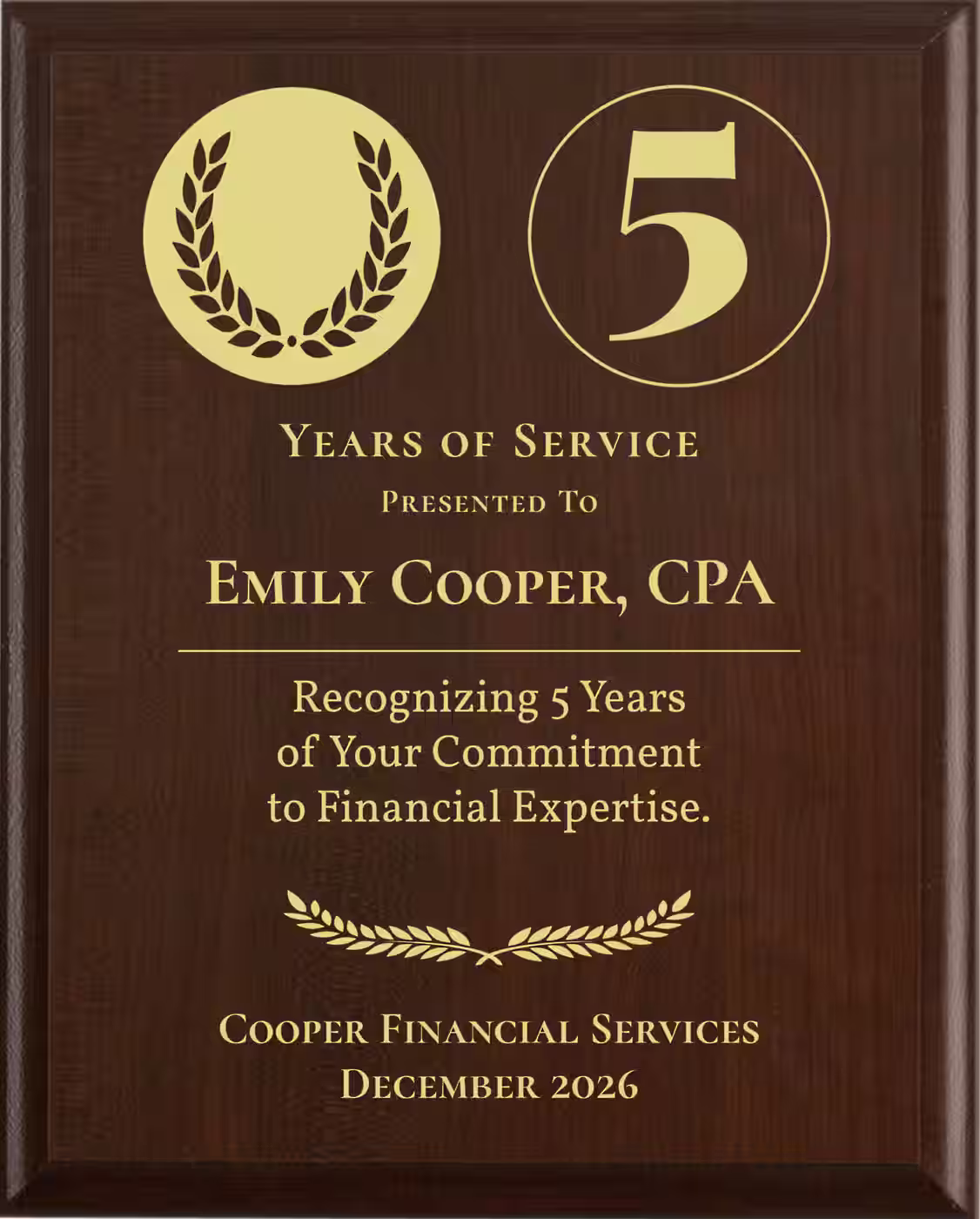 Accountant Years of Service Award - Plaque says: Recognizing Years of Your Commitment to Financial Expertise