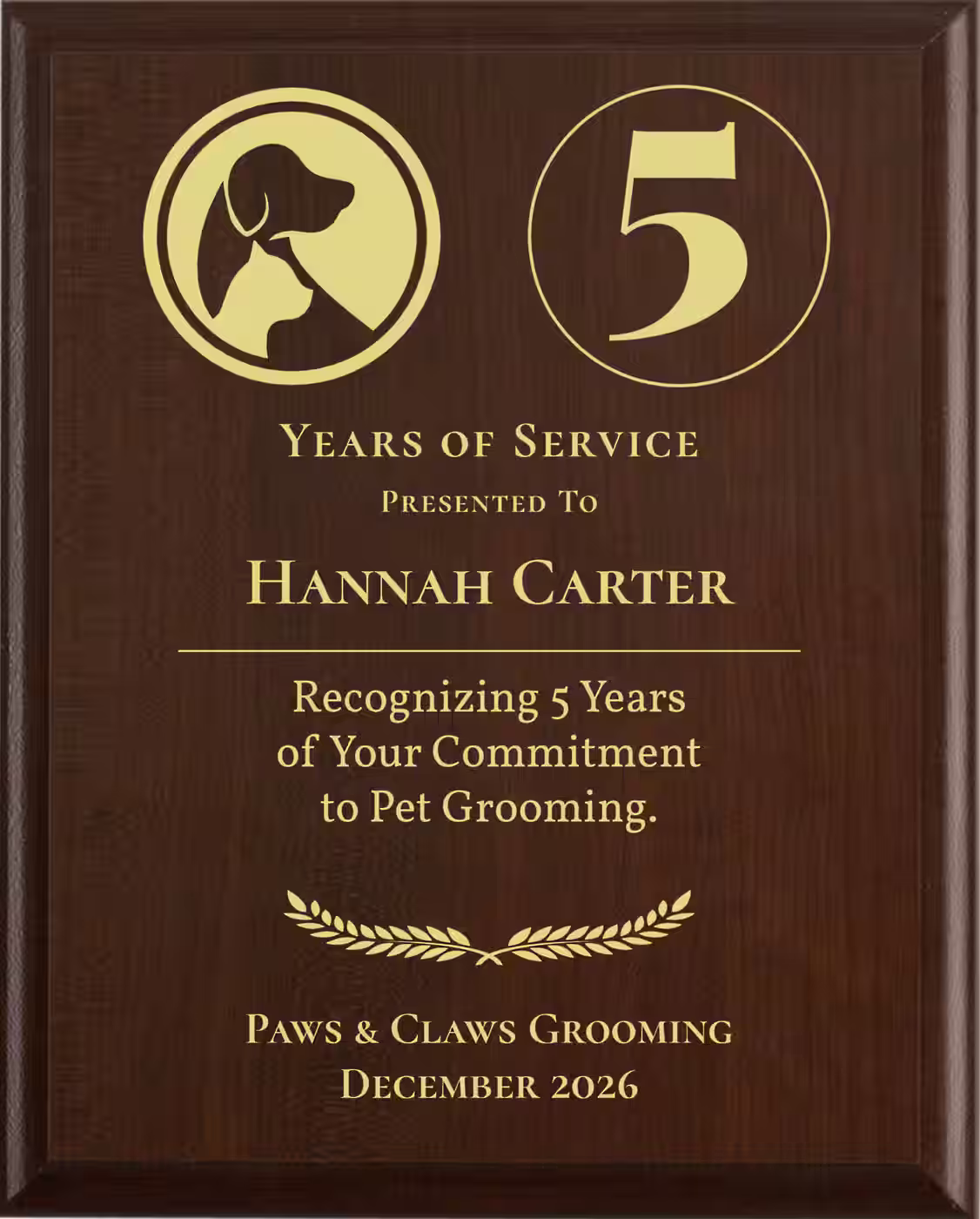 Animal Groomer Years of Service Award - Plaque says: Recognizing Years of Your Commitment to Pet Grooming