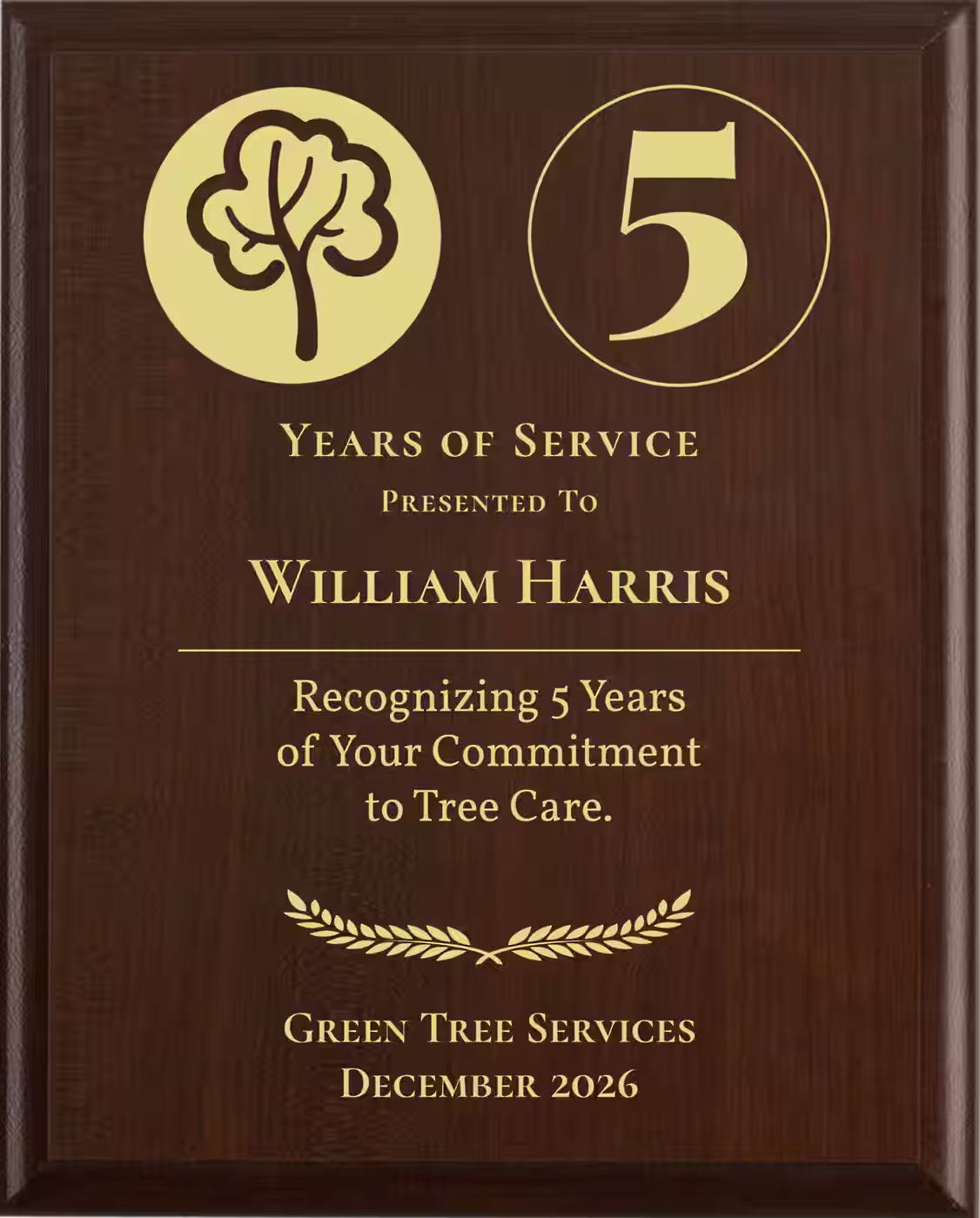 Arborist Years of Service Award - Plaque says: Recognizing Years of Your Commitment to Tree Care