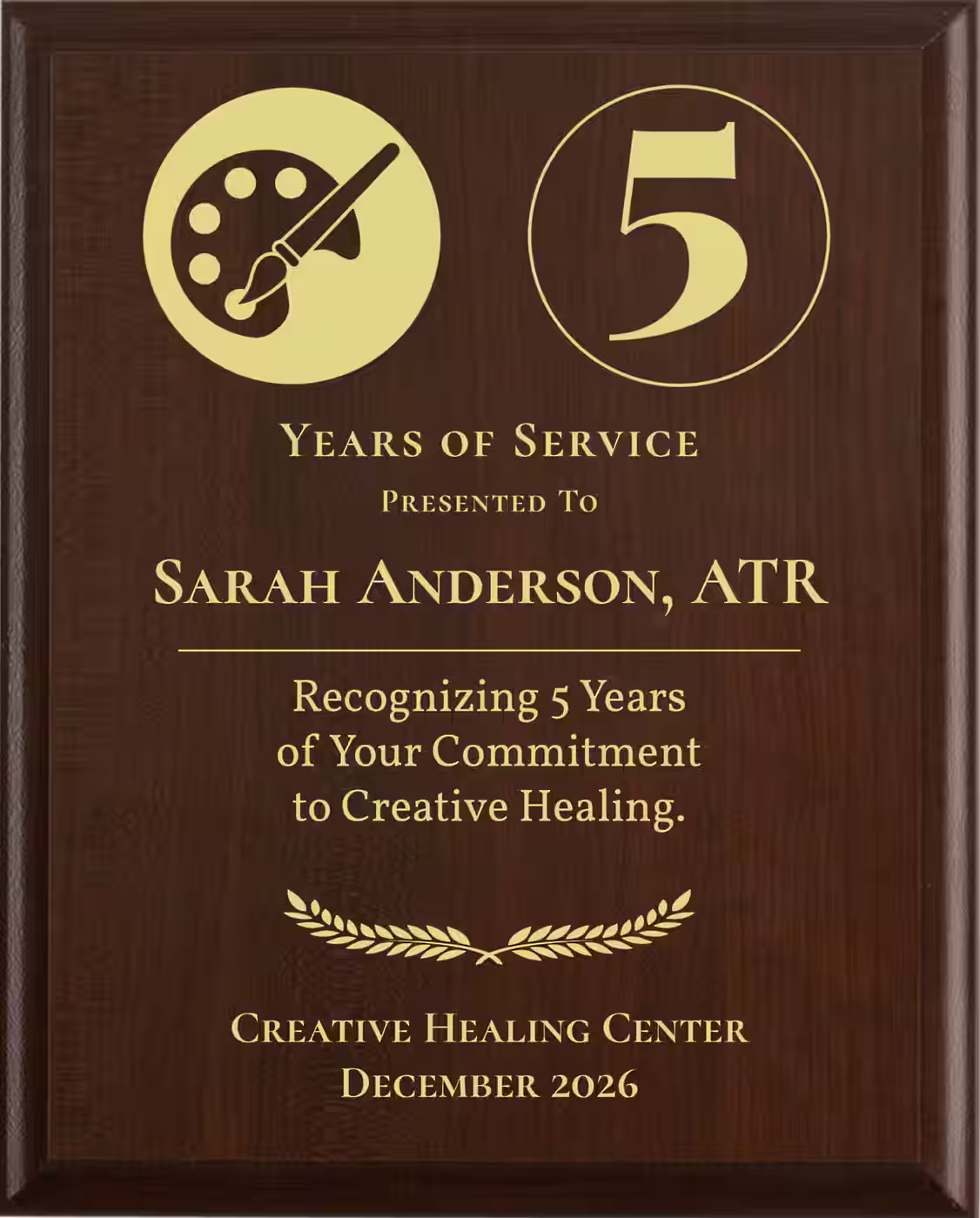Art Therapist Years of Service Award - Plaque says: Recognizing Years of Your Commitment to Creative Healing