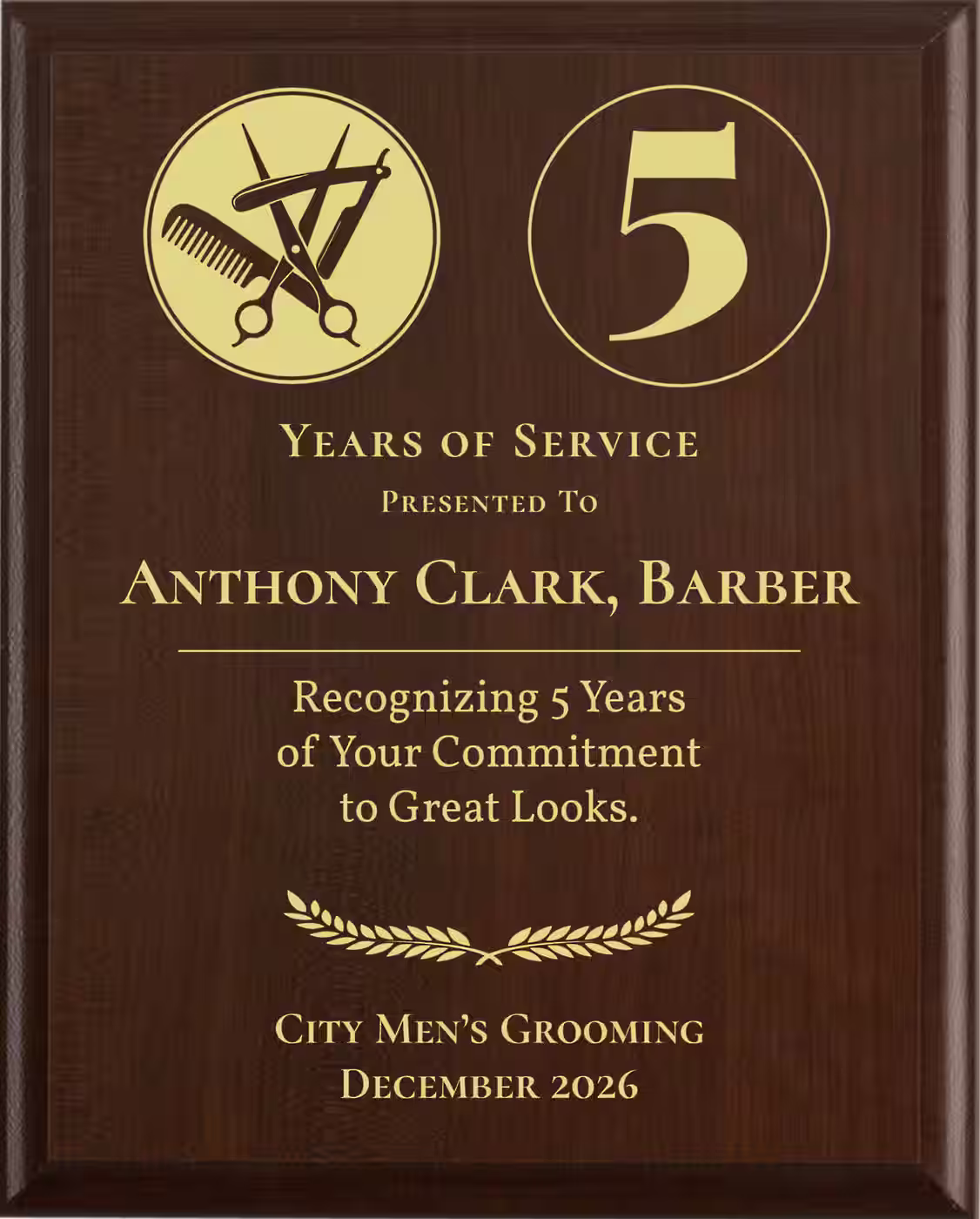 Barber Years of Service Award - Plaque says: Recognizing Years of Your Commitment to Great Looks