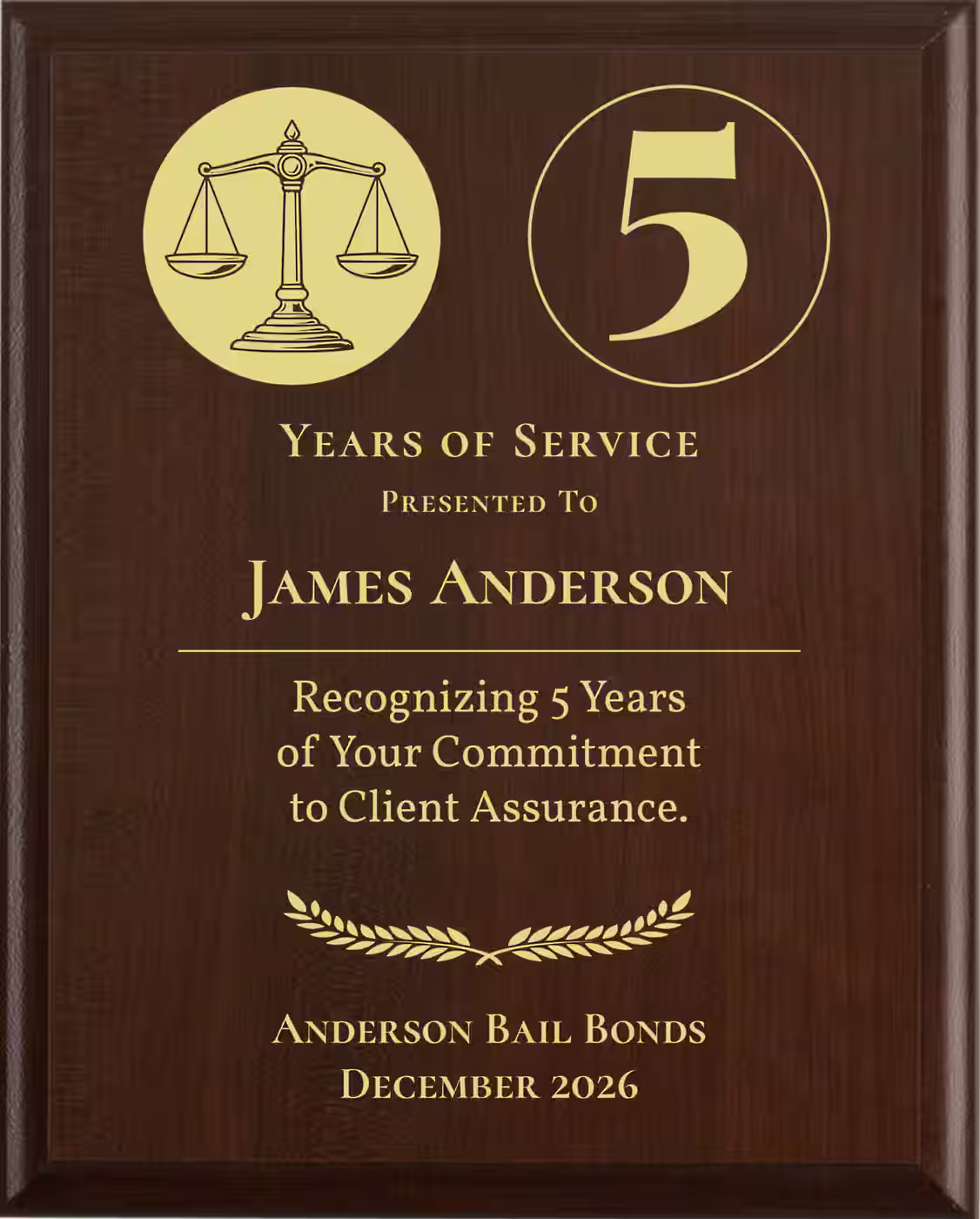 Bondsmen Years of Service Award - Plaque says: Recognizing Years of Your Commitment to Client Assurance