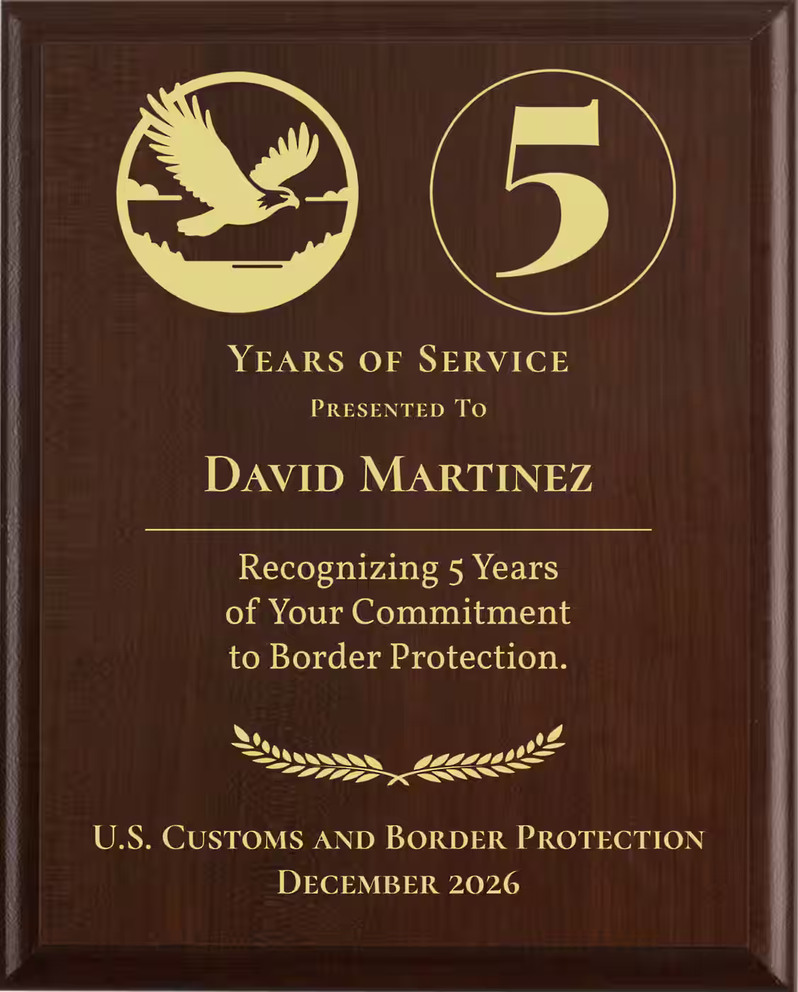 Border Patrol Years of Service Award - Plaque says: Recognizing Years of Your Commitment to Border Protection