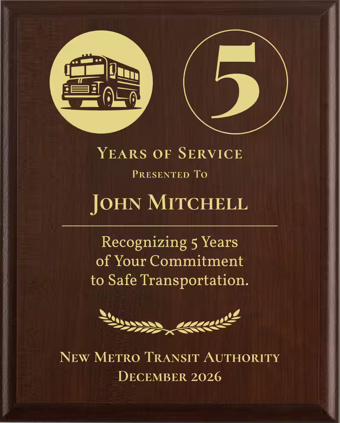 Bus Driver Years of Service Award - Plaque says: Recognizing Years of Your Commitment to Safe Transportation