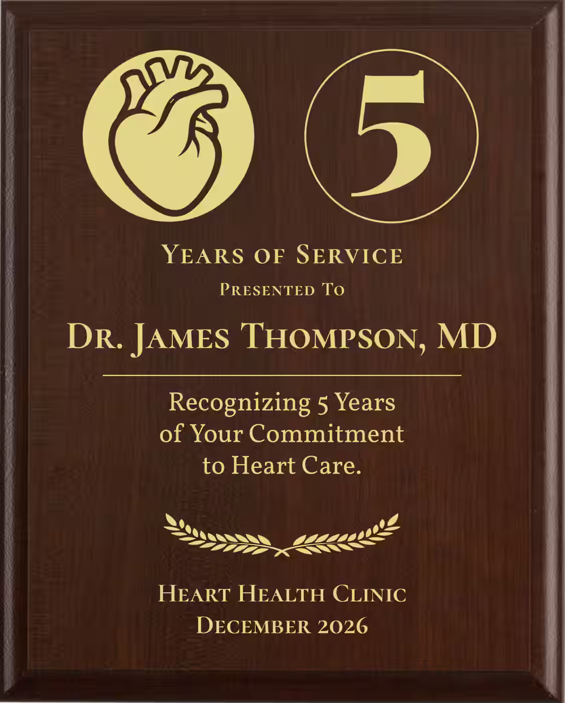 Cardiologist Years of Service Award - Plaque says: Recognizing Years of Your Commitment to Heart Care