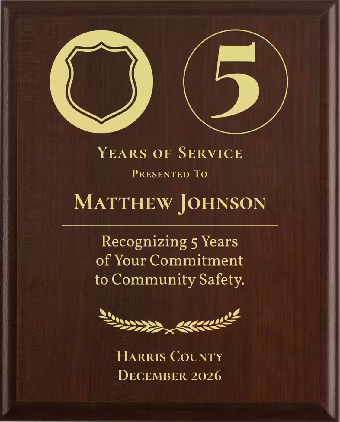 Constable Years of Service Award - Plaque says: Recognizing Years of Your Commitment to Community Safety