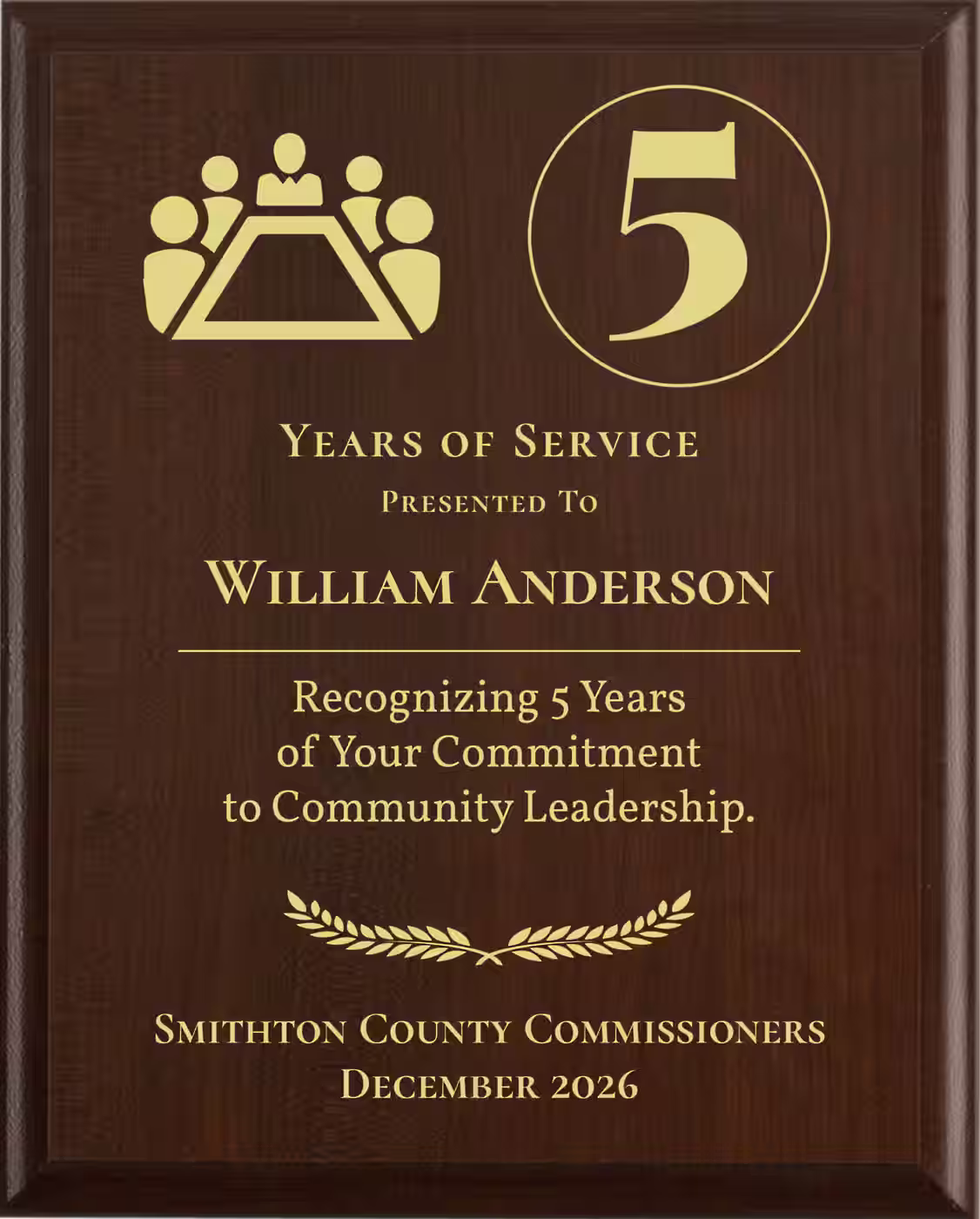 County Commissioner Years of Service Award - Plaque says: Recognizing Years of Your Commitment to Community Leadership