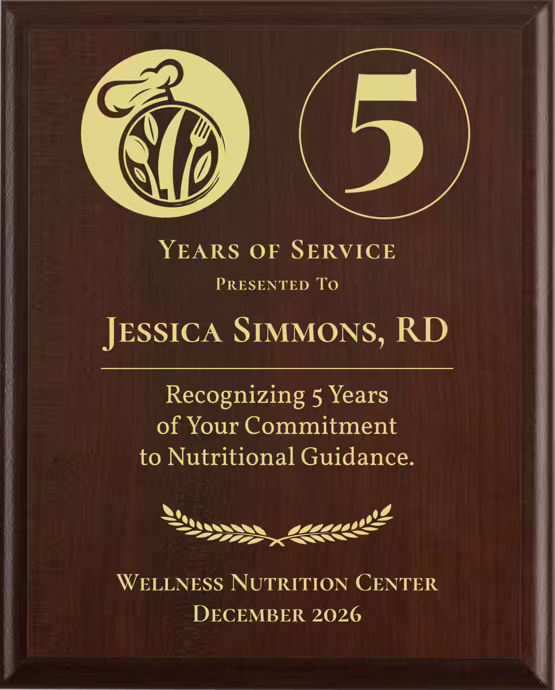 Dietitian Years of Service Award - Plaque says: Recognizing Years of Your Commitment to Nutritional Guidance