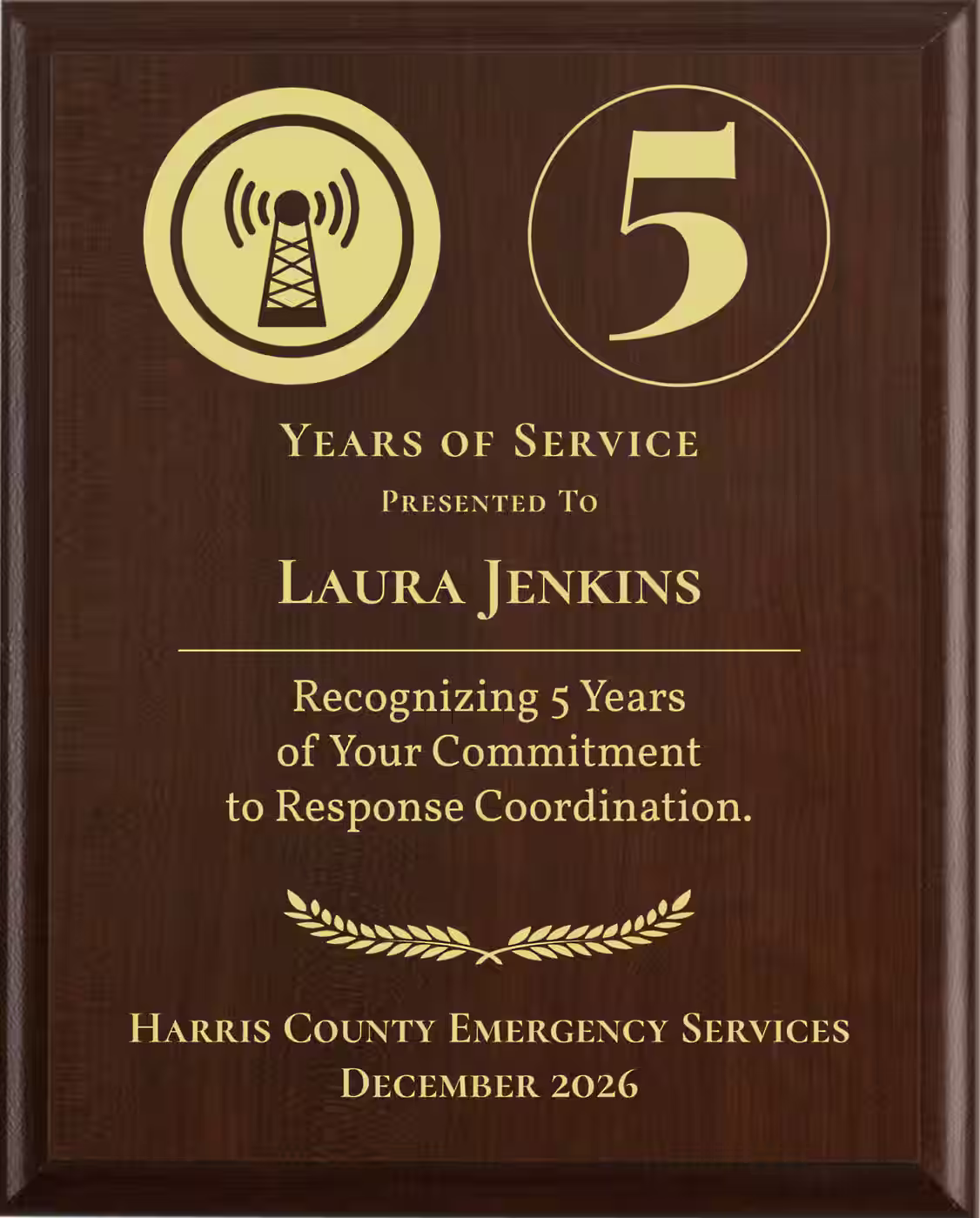 Dispatcher Years of Service Award - Plaque says: Recognizing Years of Your Commitment to Response Coordination