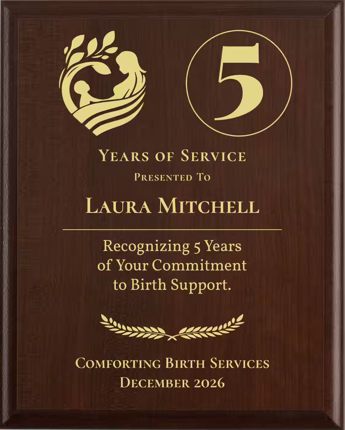 Doula Years of Service Award - Plaque says: Recognizing Years of Your Commitment to Birth Support
