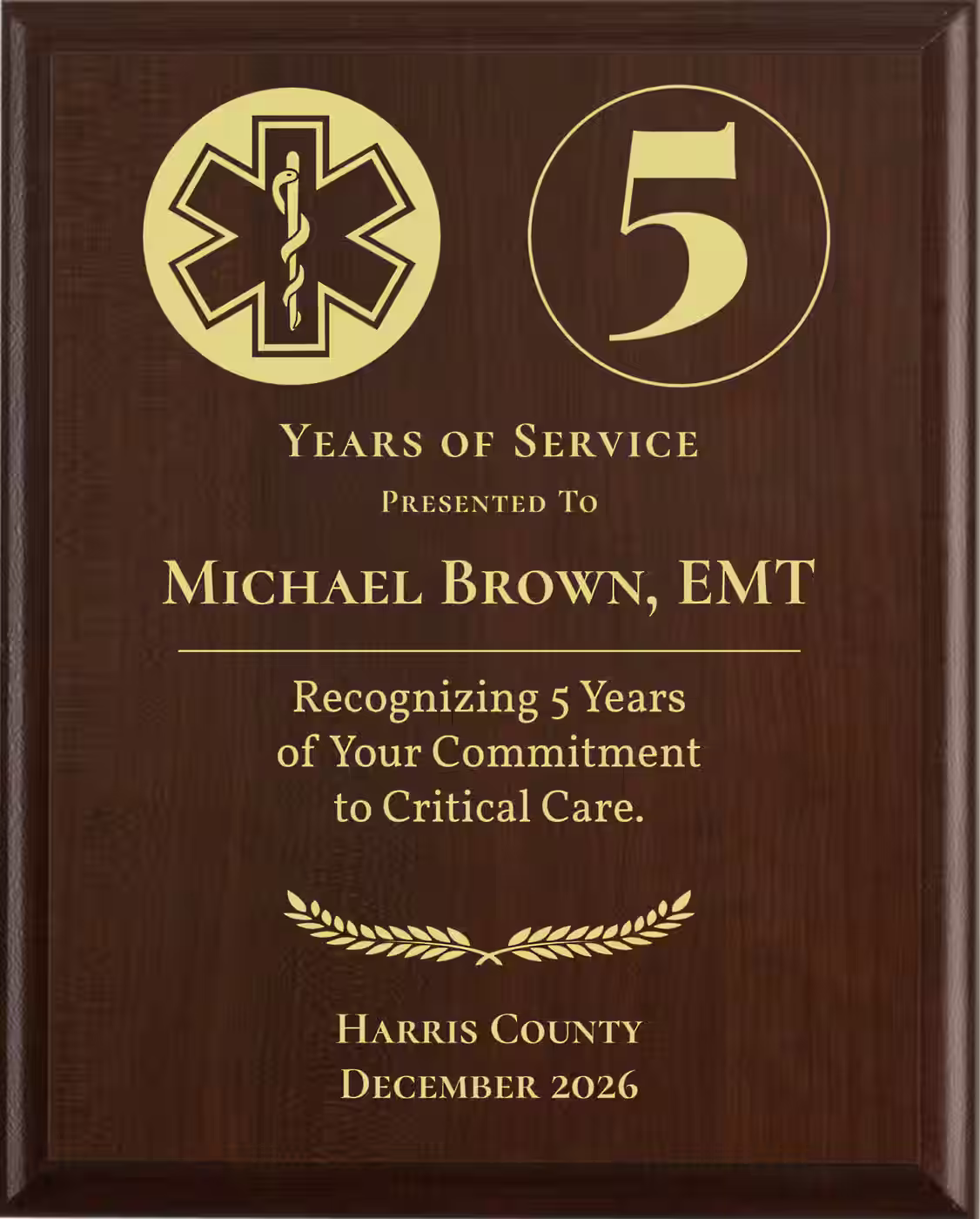 Emt Years of Service Award - Plaque says: Recognizing Years of Your Commitment to Critical Care