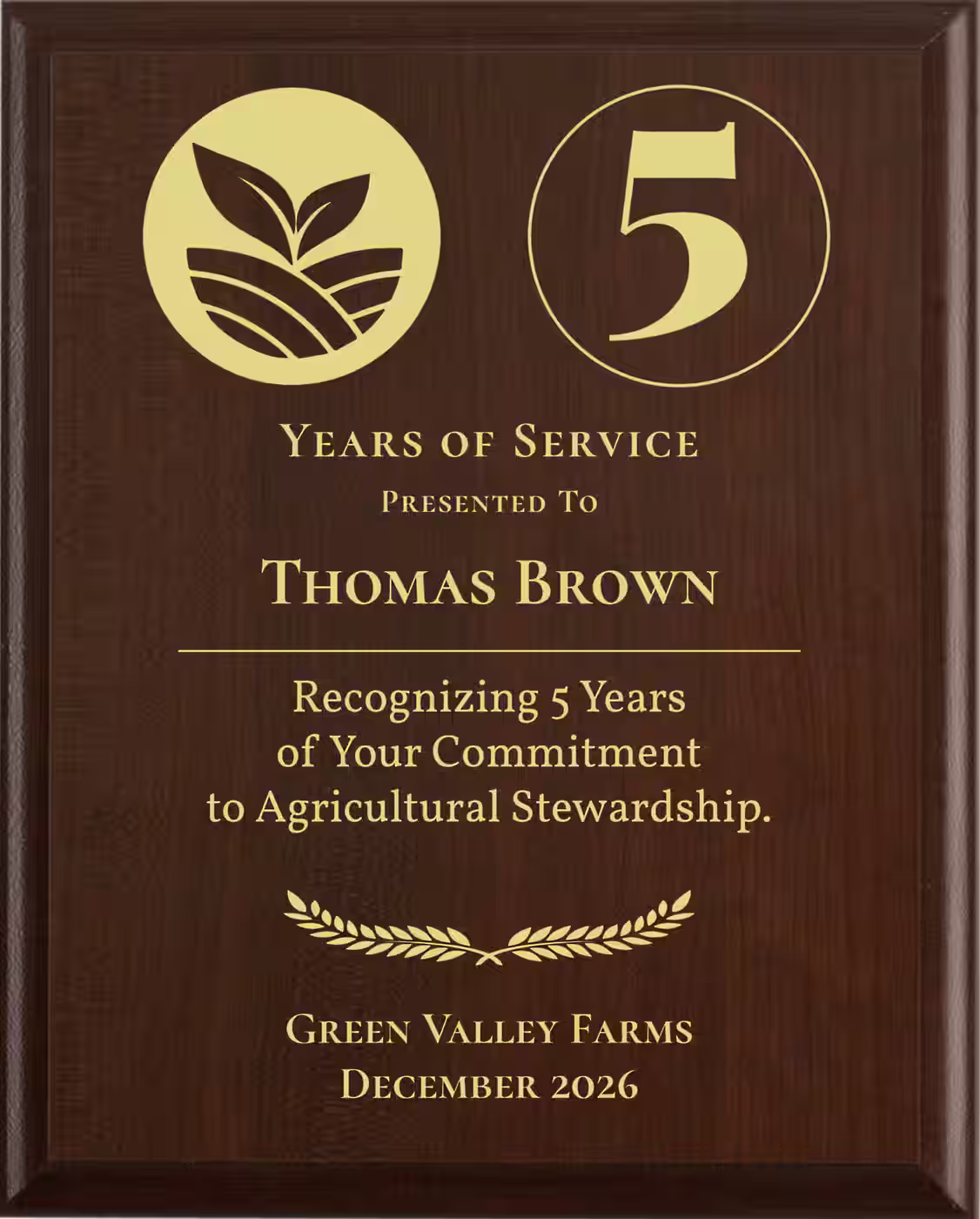 Farmer Years of Service Award - Plaque says: Recognizing Years of Your Commitment to Agricultural Stewardship