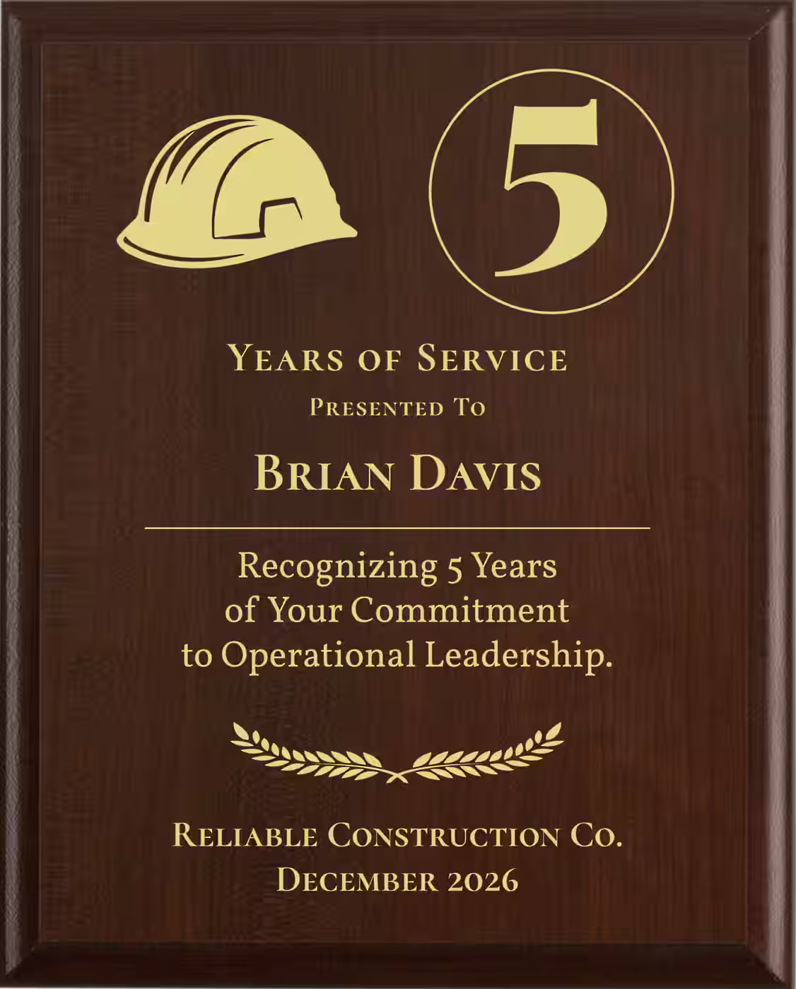 Foreman Years of Service Award - Plaque says: Recognizing Years of Your Commitment to Operational Leadership