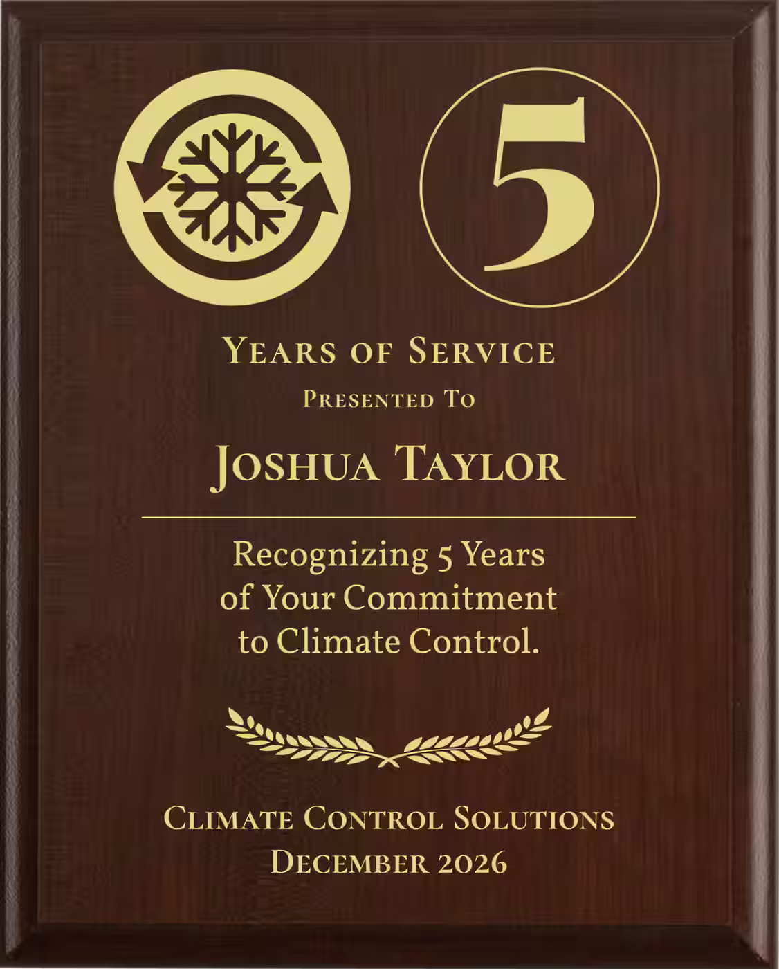 Hvac Years of Service Award - Plaque says: Recognizing Years of Your Commitment to Climate Control
