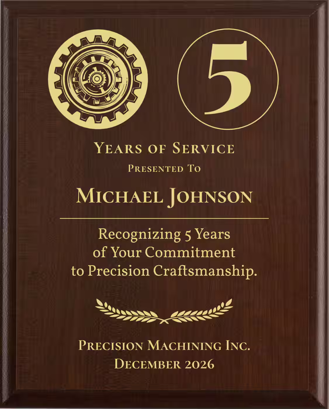Machinist Years of Service Award - Plaque says: Recognizing Years of Your Commitment to Precision Craftsmanship