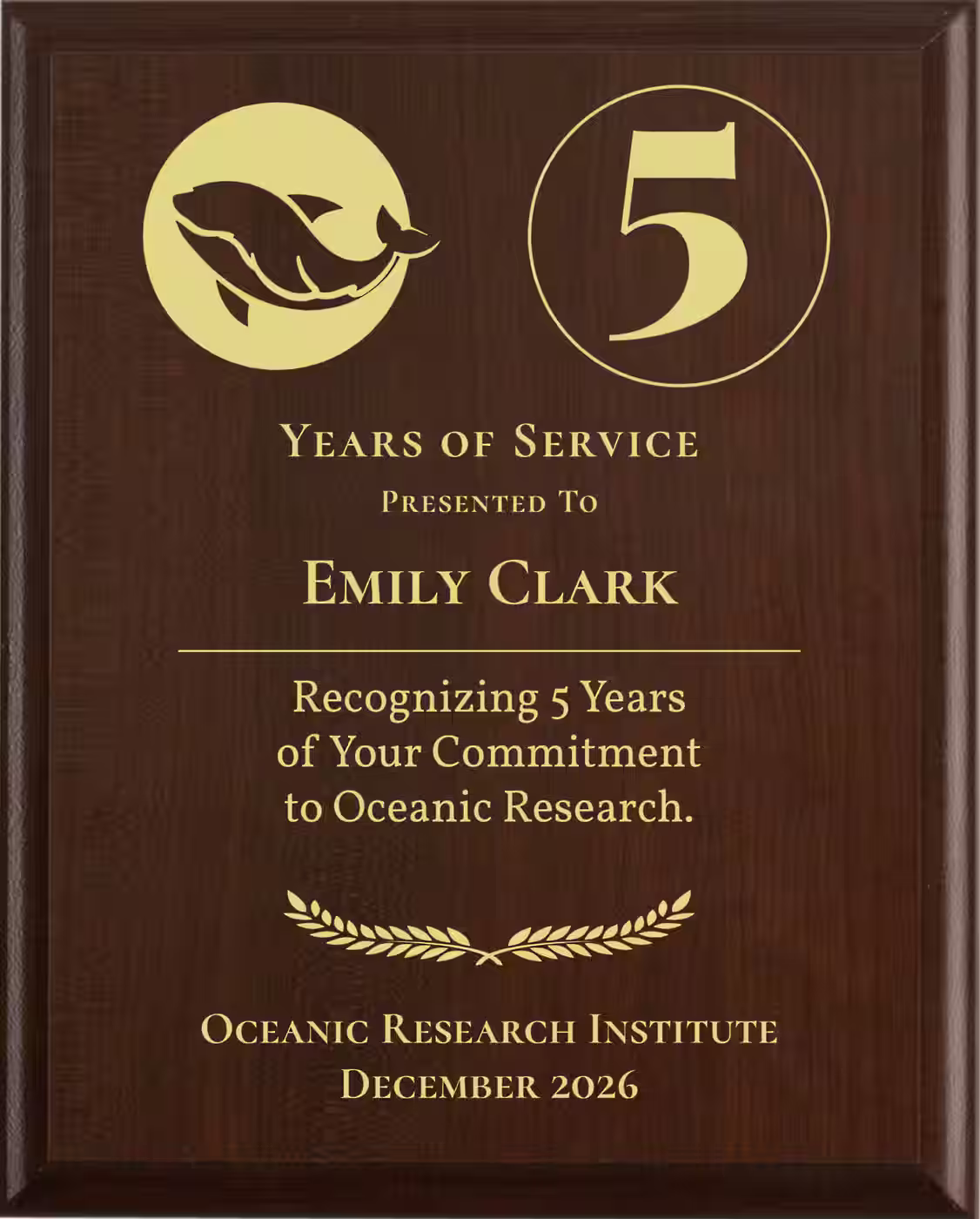 Marine Biologist Years of Service Award - Plaque says: Recognizing Years of Your Commitment to Oceanic Research