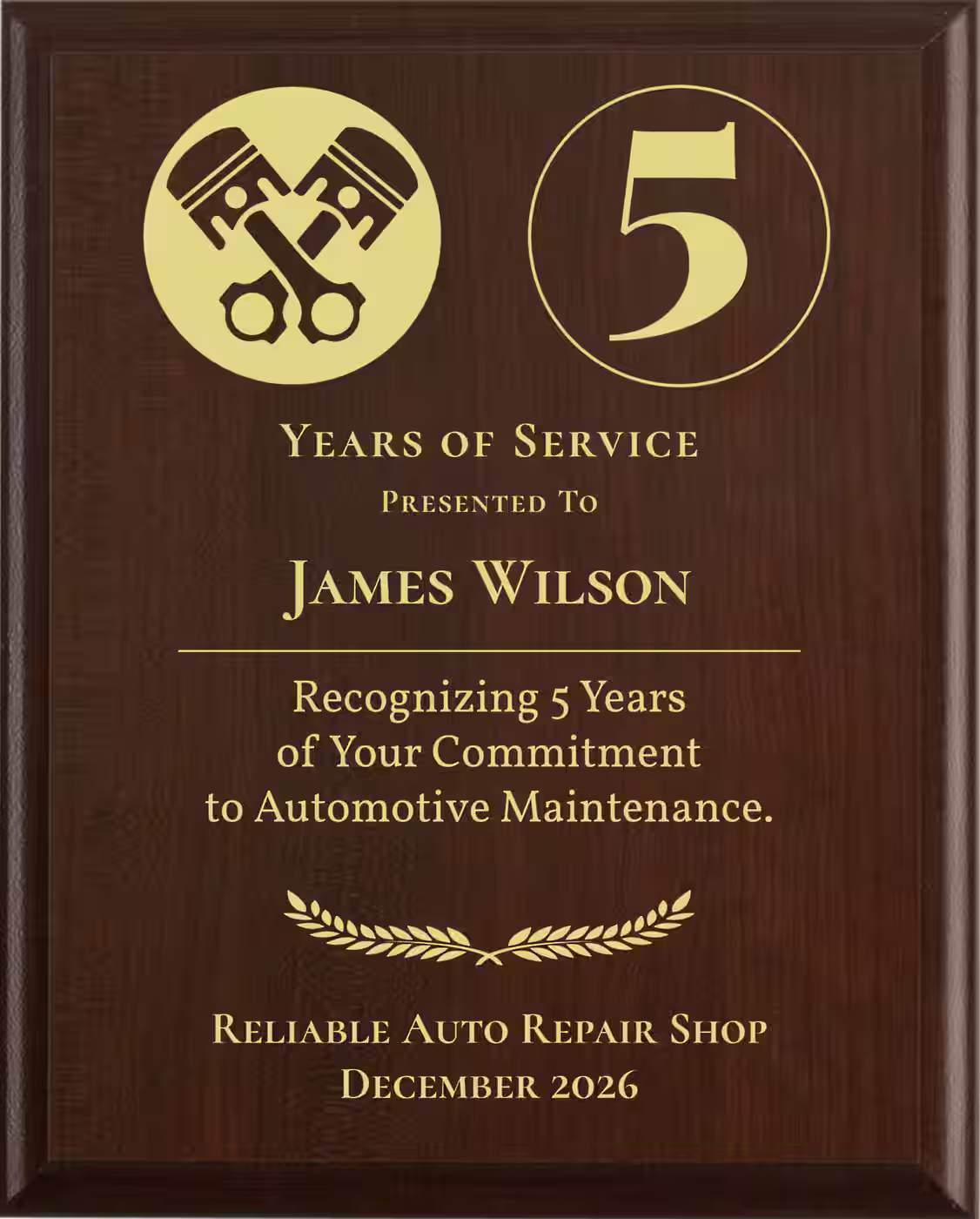 Mechanic Years of Service Award - Plaque says: Recognizing Years of Your Commitment to Automotive Maintenance