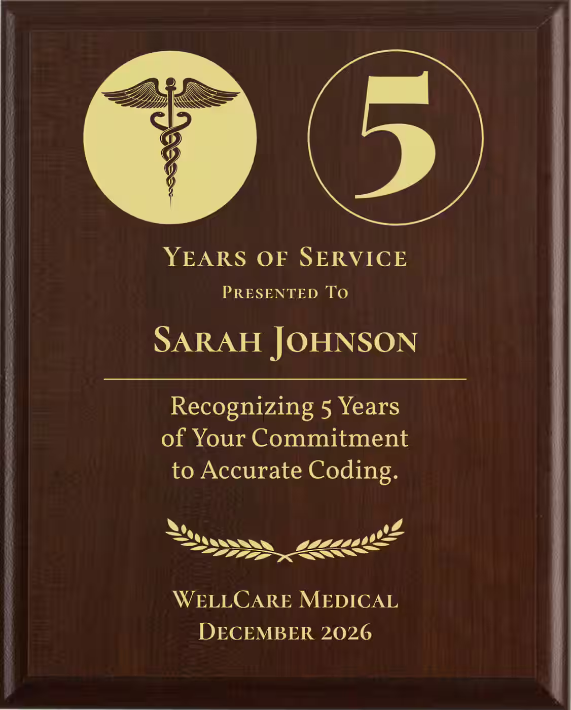 Medical Coder Years of Service Award - Plaque says: Recognizing Years of Your Commitment to Accurate Coding