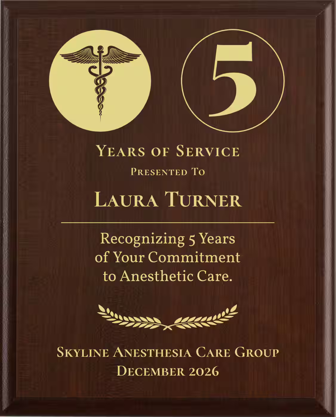 Nurse Anesthesiologist Years of Service Award - Plaque says: Recognizing Years of Your Commitment to Anesthetic Care