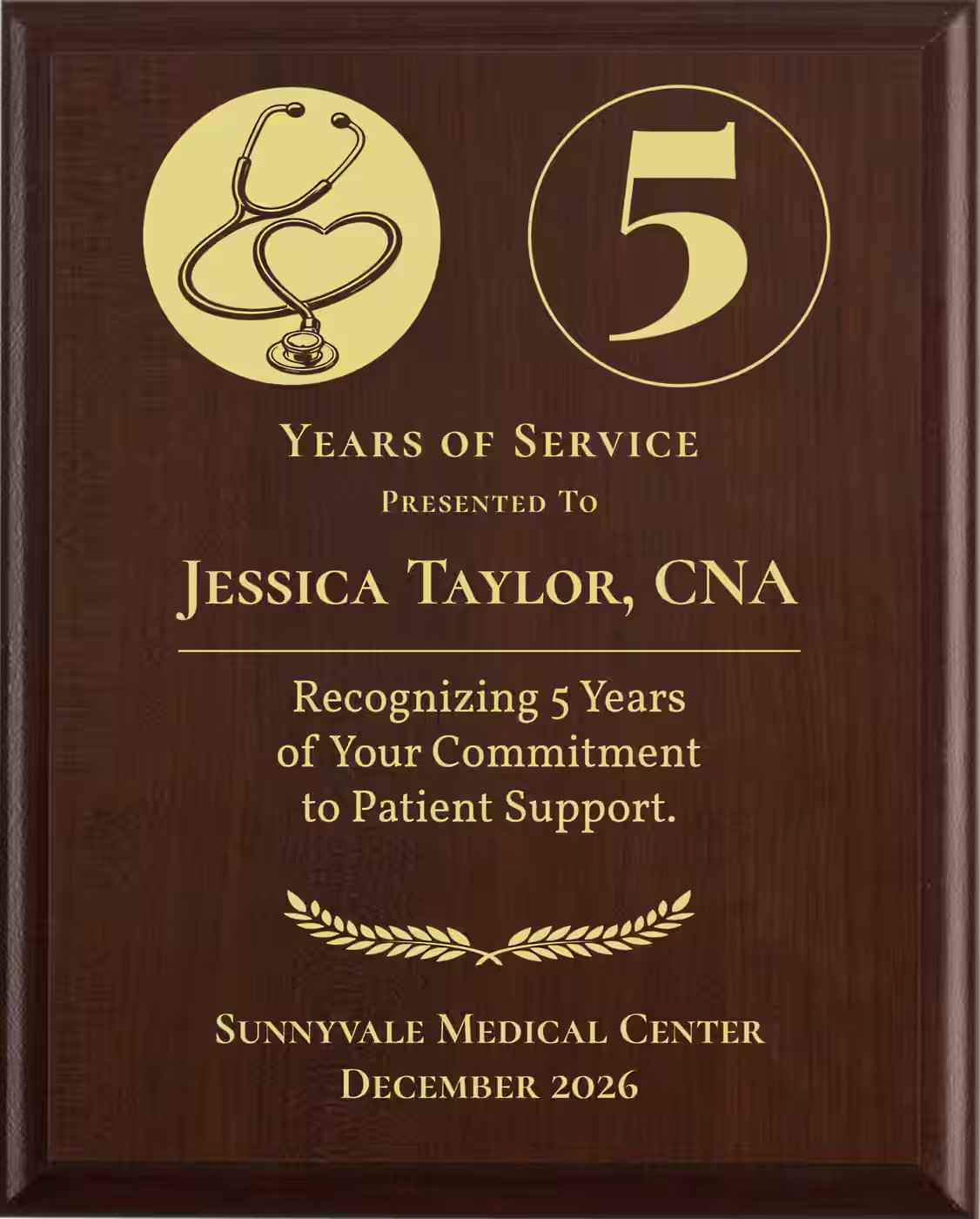 Nurse Assistant Years of Service Award - Plaque says: Recognizing Years of Your Commitment to Patient Support