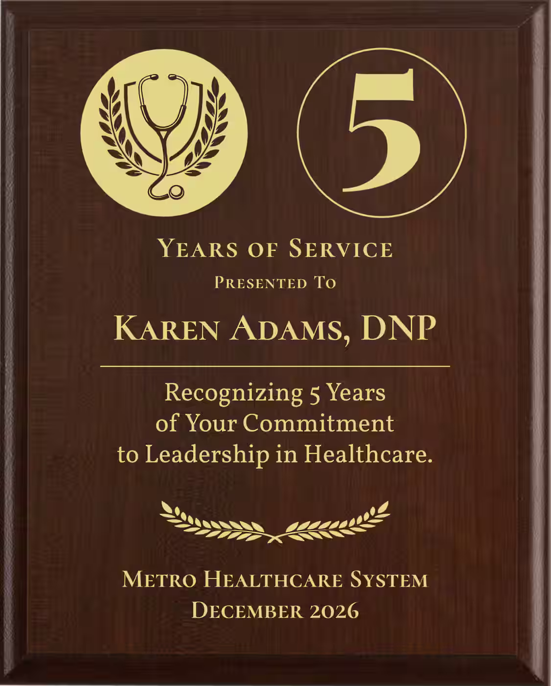 Nurse Executives Years of Service Award - Plaque says: Recognizing Years of Your Commitment to Leadership in Healthcare