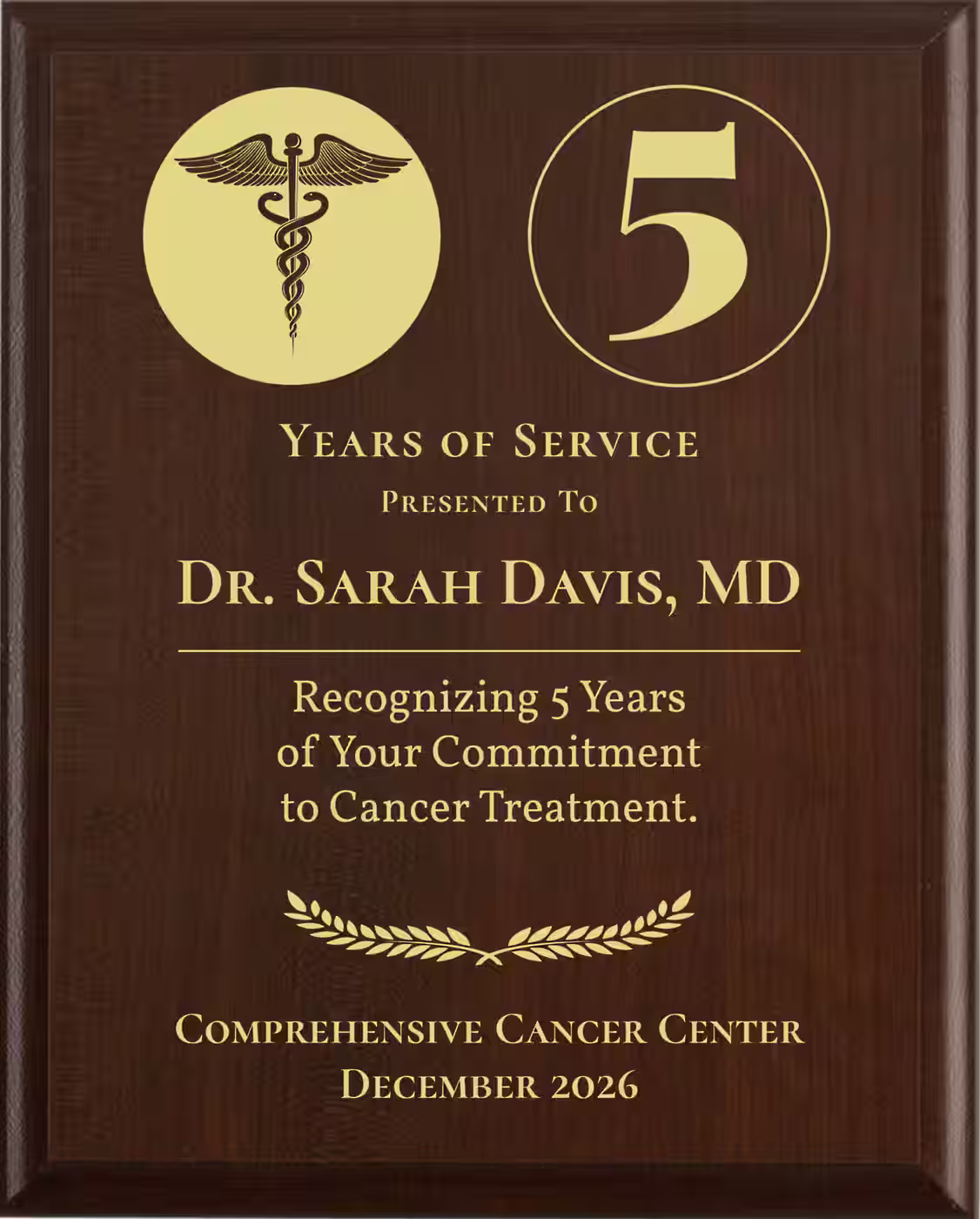 Oncologist Years of Service Award - Plaque says: Recognizing Years of Your Commitment to Cancer Treatment