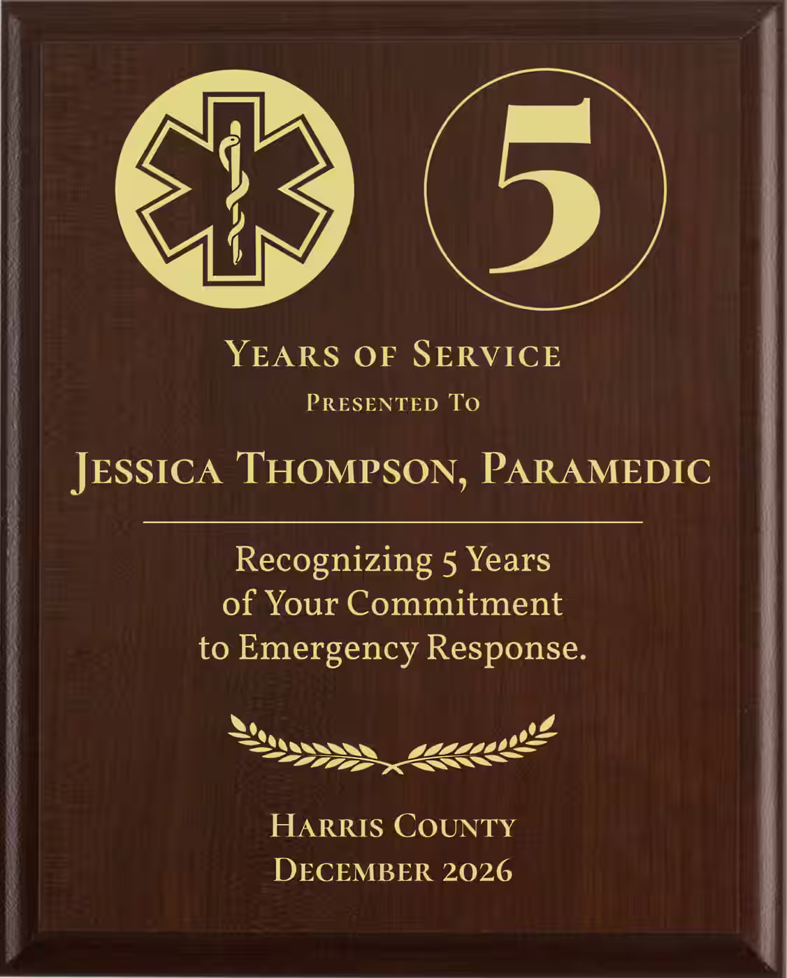 Paramedic Years of Service Award - Plaque says: Recognizing Years of Your Commitment to Emergency Response