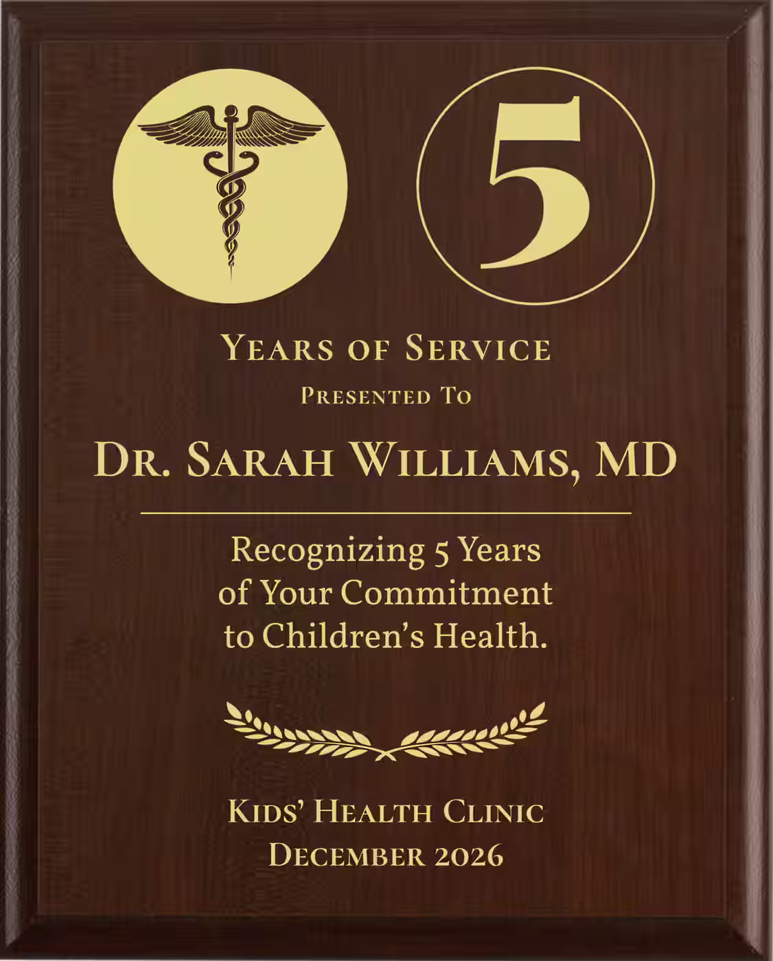 Pediatrician Years of Service Award - Plaque says: Recognizing Years of Your Commitment to Children's Health